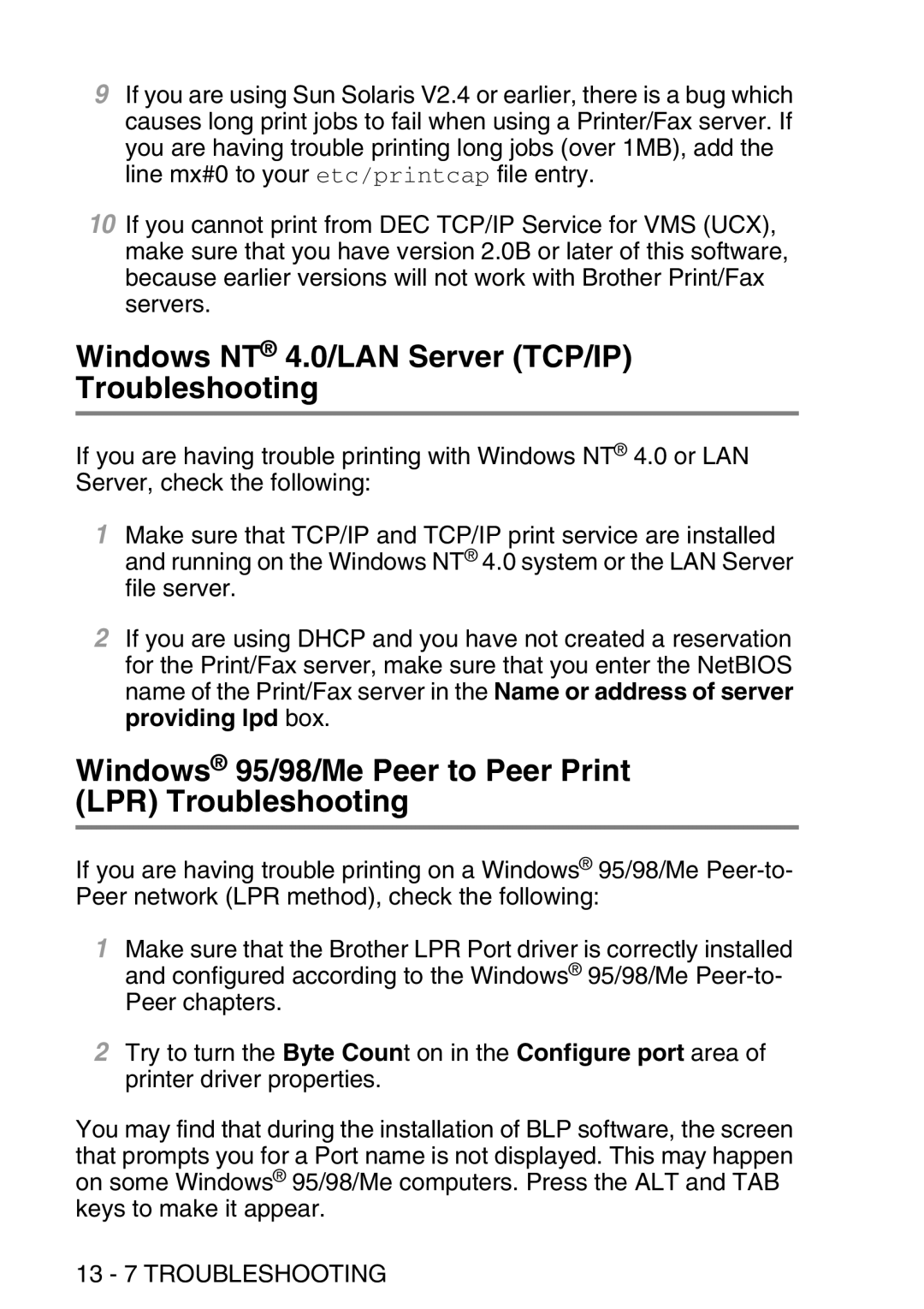 Brother MFC-8840DN manual Windows NT 4.0/LAN Server TCP/IP Troubleshooting, 13 7 Troubleshooting 