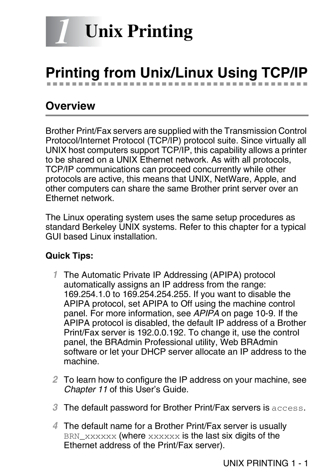 Brother MFC-8840DN manual 1Unix Printing, Printing from Unix/Linux Using TCP/IP, Overview, Quick Tips, Unix Printing 1 