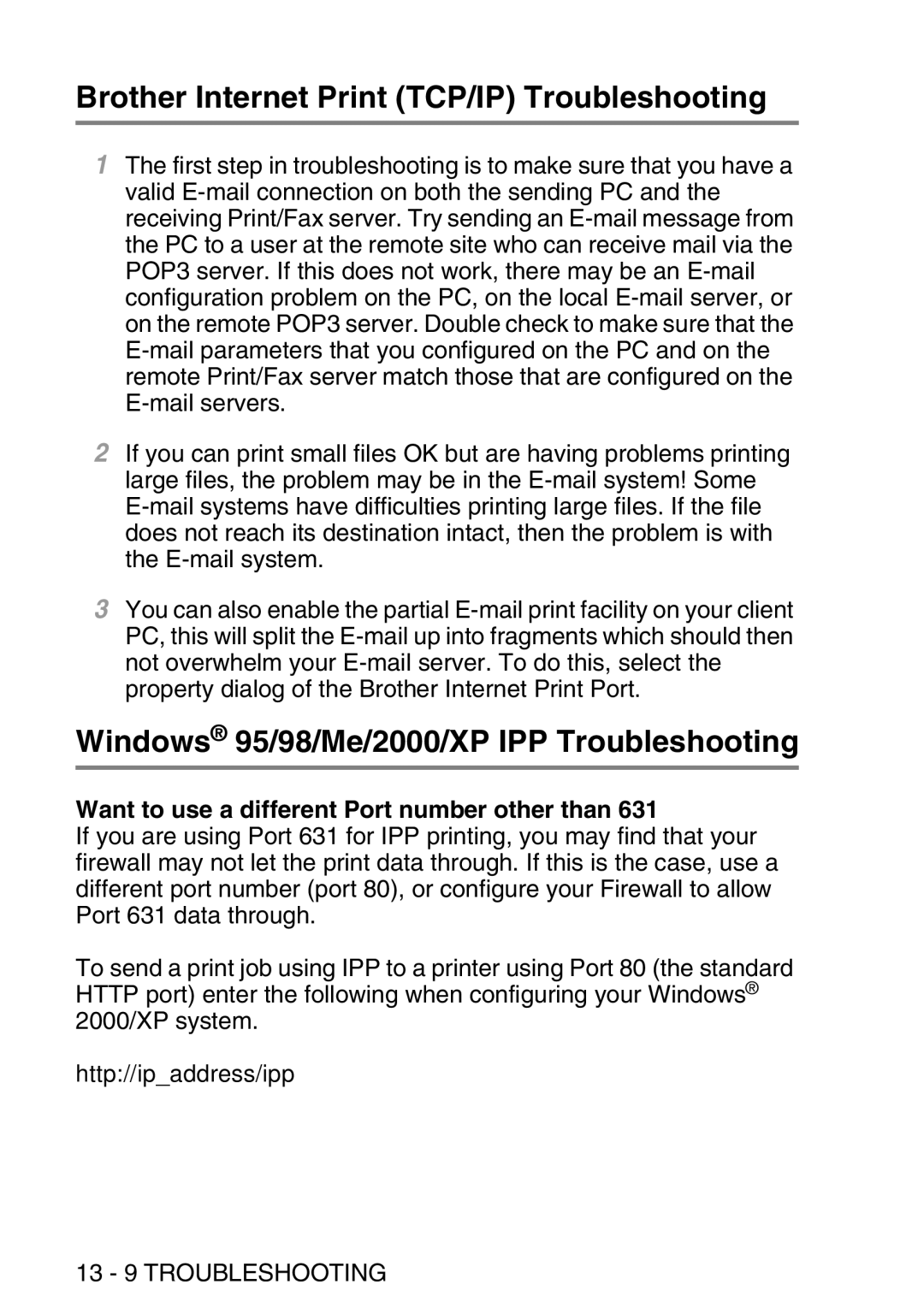 Brother MFC-8840DN manual Brother Internet Print TCP/IP Troubleshooting, Windows 95/98/Me/2000/XP IPP Troubleshooting 