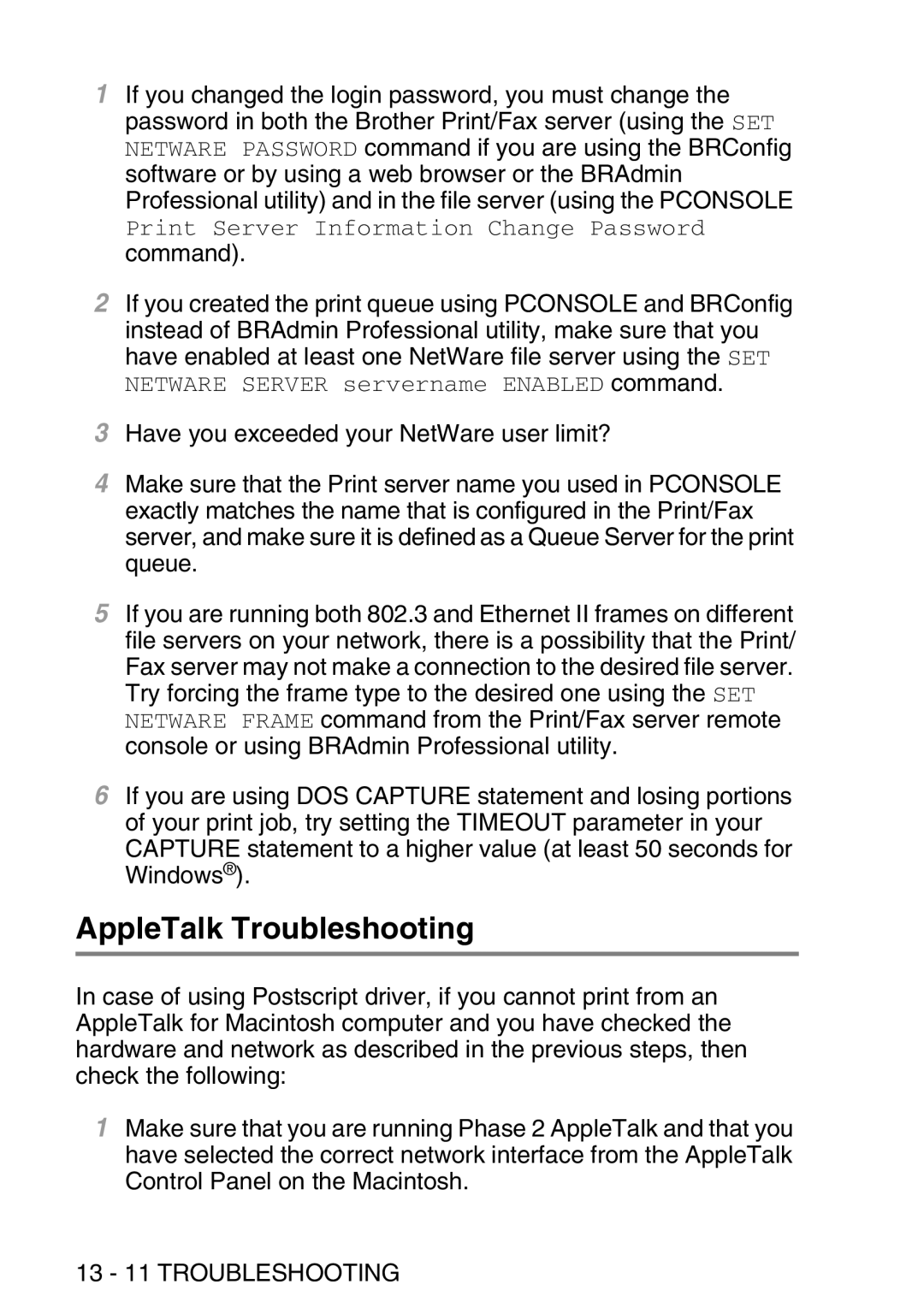 Brother MFC-8840DN manual AppleTalk Troubleshooting, 13 11 Troubleshooting 