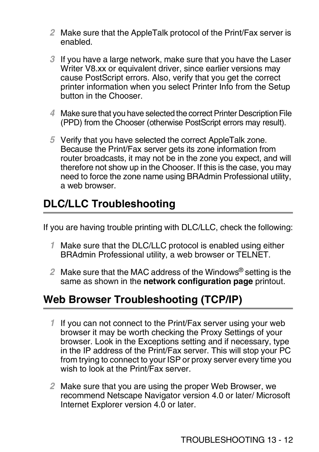 Brother MFC-8840DN manual DLC/LLC Troubleshooting, Web Browser Troubleshooting TCP/IP 