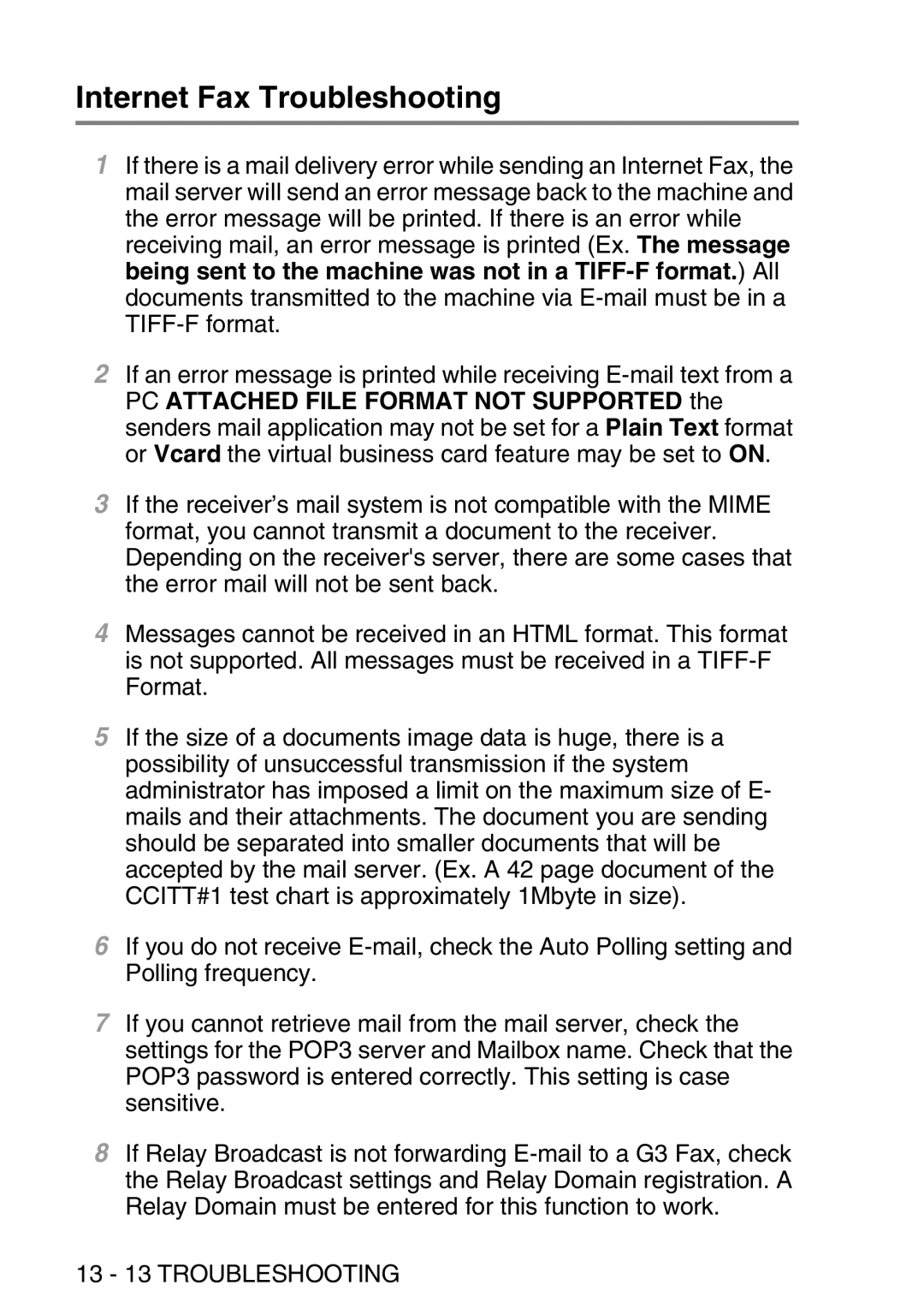 Brother MFC-8840DN manual Internet Fax Troubleshooting, 13 13 Troubleshooting 