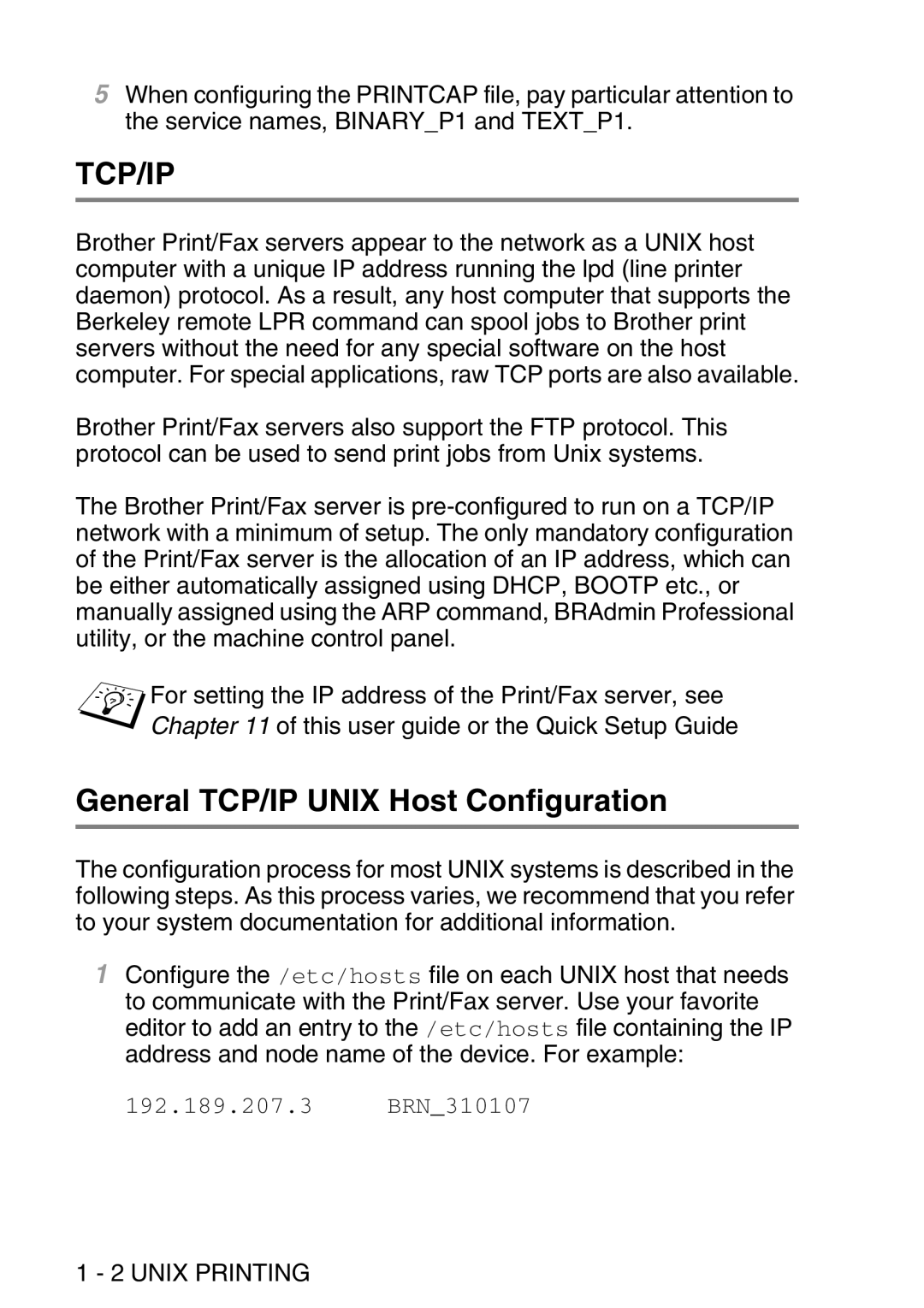 Brother MFC-8840DN manual General TCP/IP Unix Host Configuration, Unix Printing 