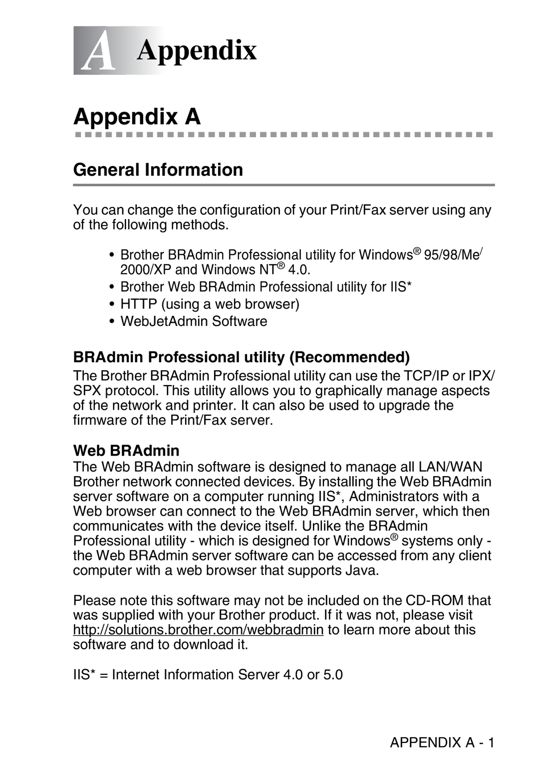 Brother MFC-8840DN manual AAppendix, Appendix a, BRAdmin Professional utility Recommended, Web BRAdmin 