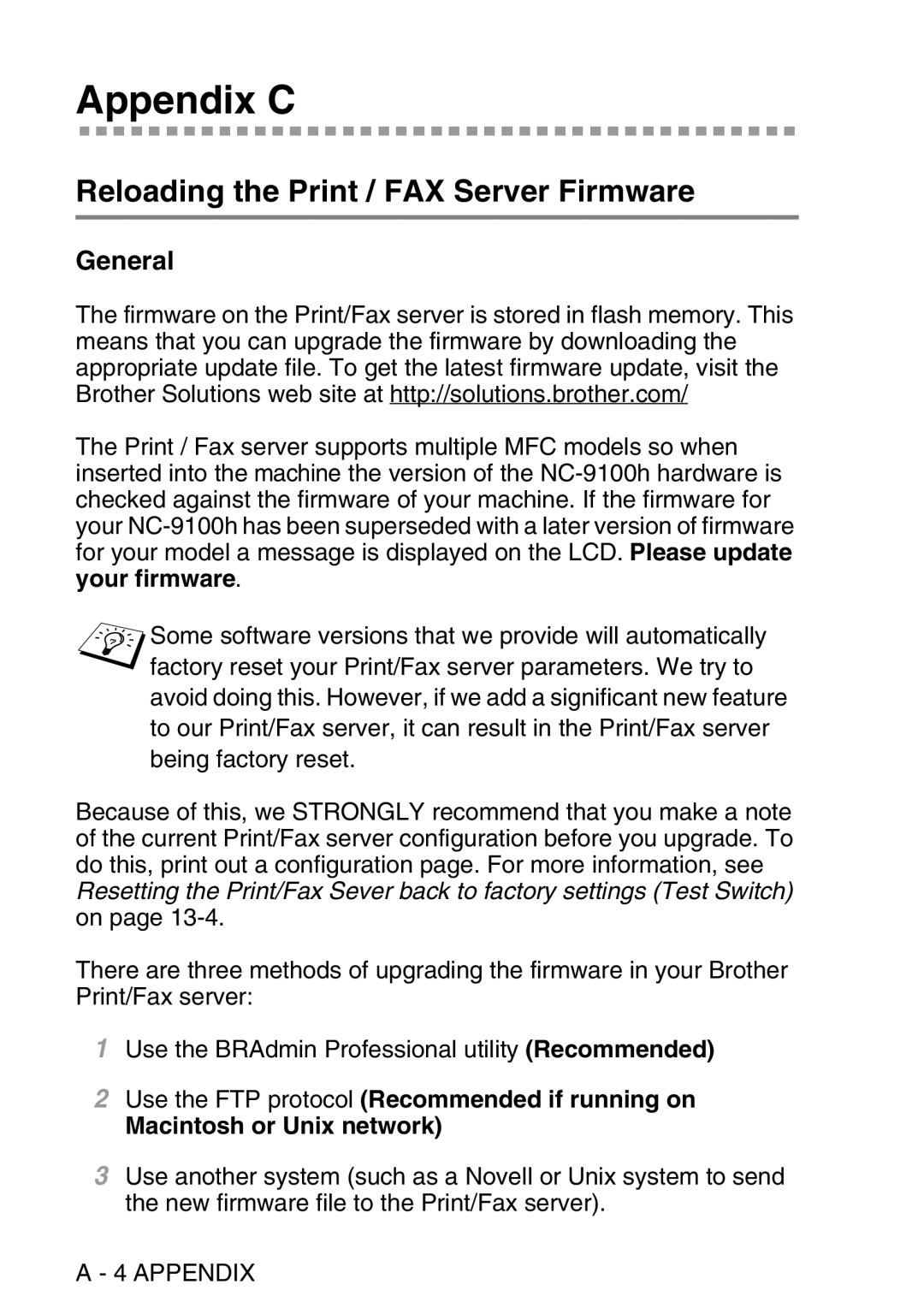 Brother MFC-8840DN manual Appendix C, Reloading the Print / FAX Server Firmware 