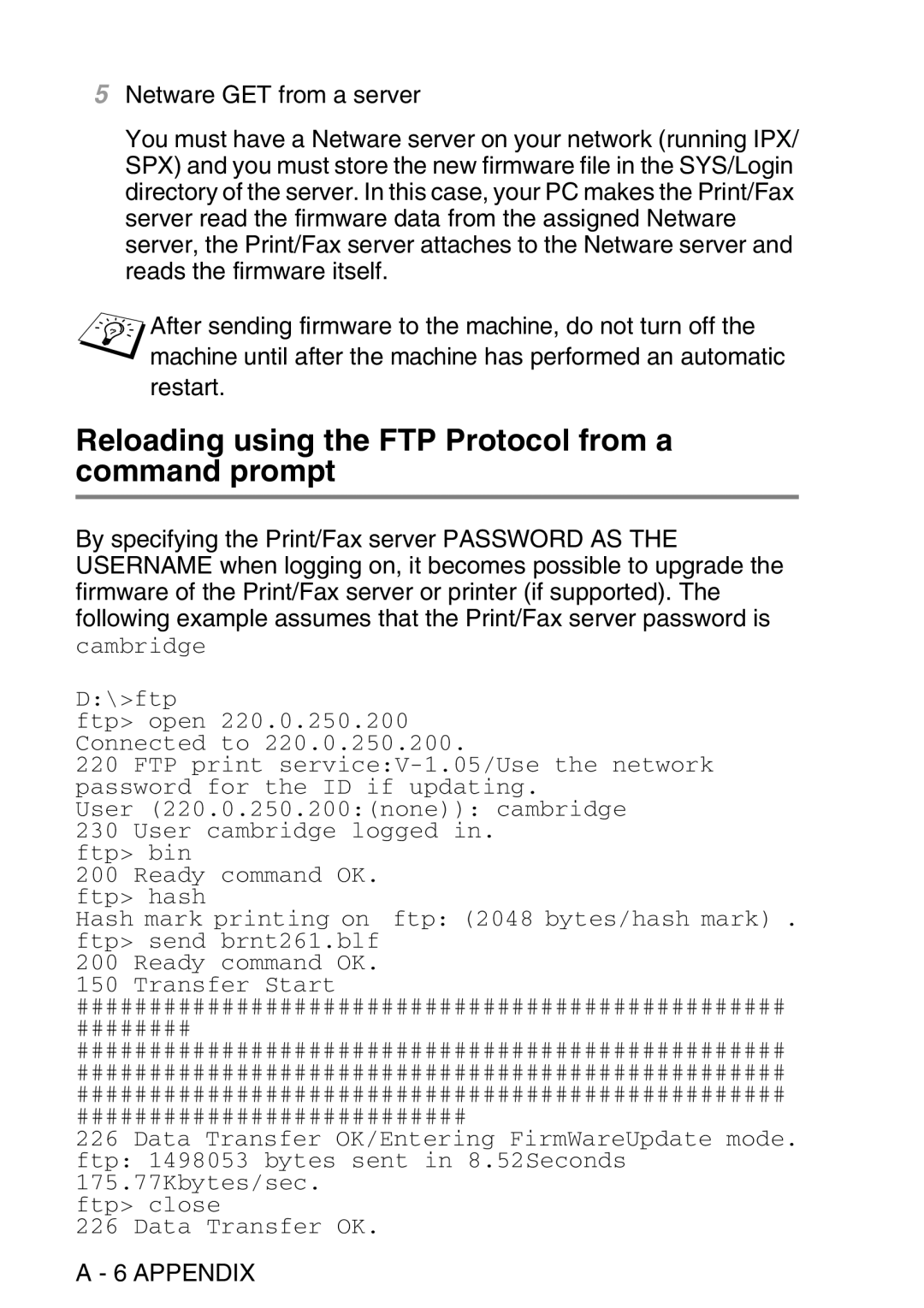 Brother MFC-8840DN manual Reloading using the FTP Protocol from a command prompt 