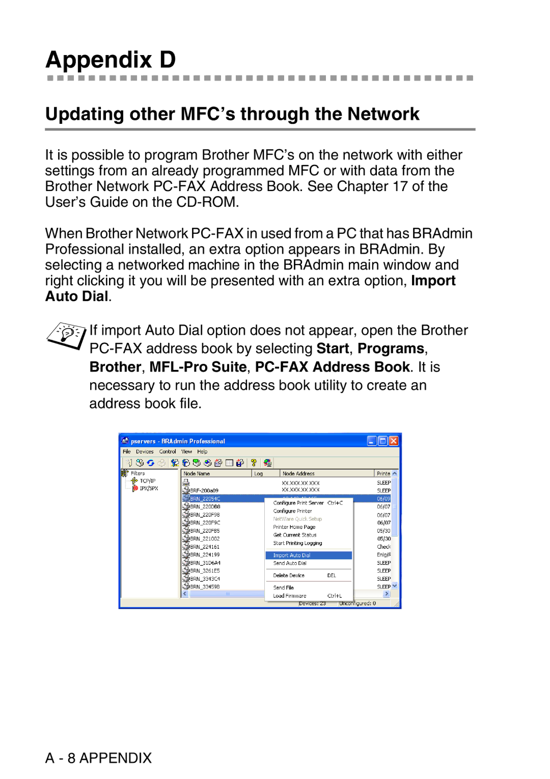 Brother MFC-8840DN manual Appendix D, Updating other MFC’s through the Network 