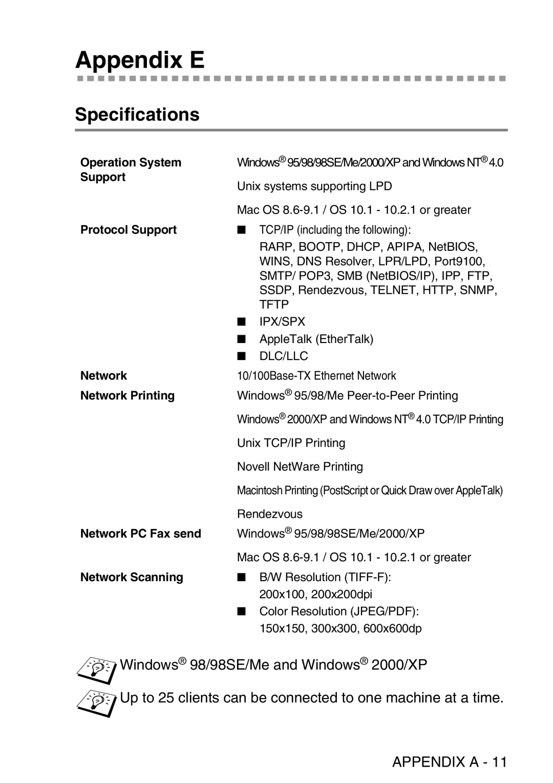 Brother MFC-8840DN manual Appendix E, Specifications 