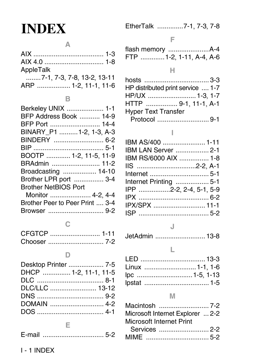 Brother MFC-8840DN manual Arp, Bootp, Dhcp, Dlc/Llc, Index, Ftp, Http, IBM RS/6000 AIX 