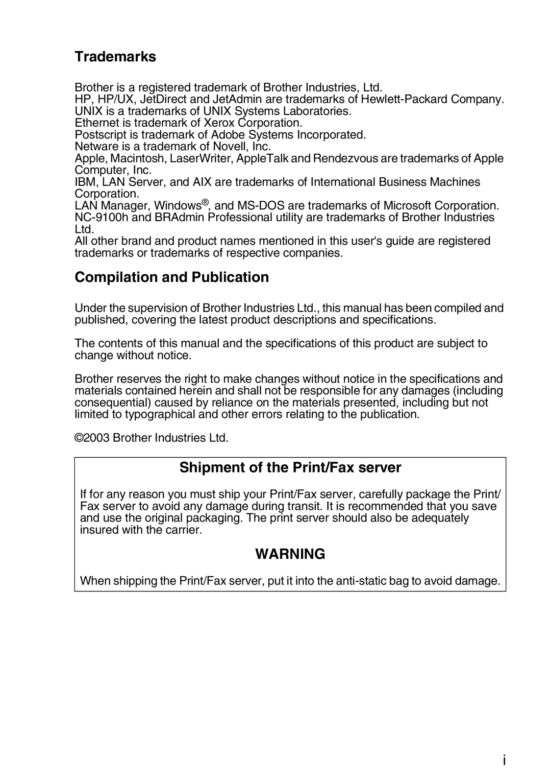 Brother MFC-8840DN manual Trademarks, Compilation and Publication, Shipment of the Print/Fax server 