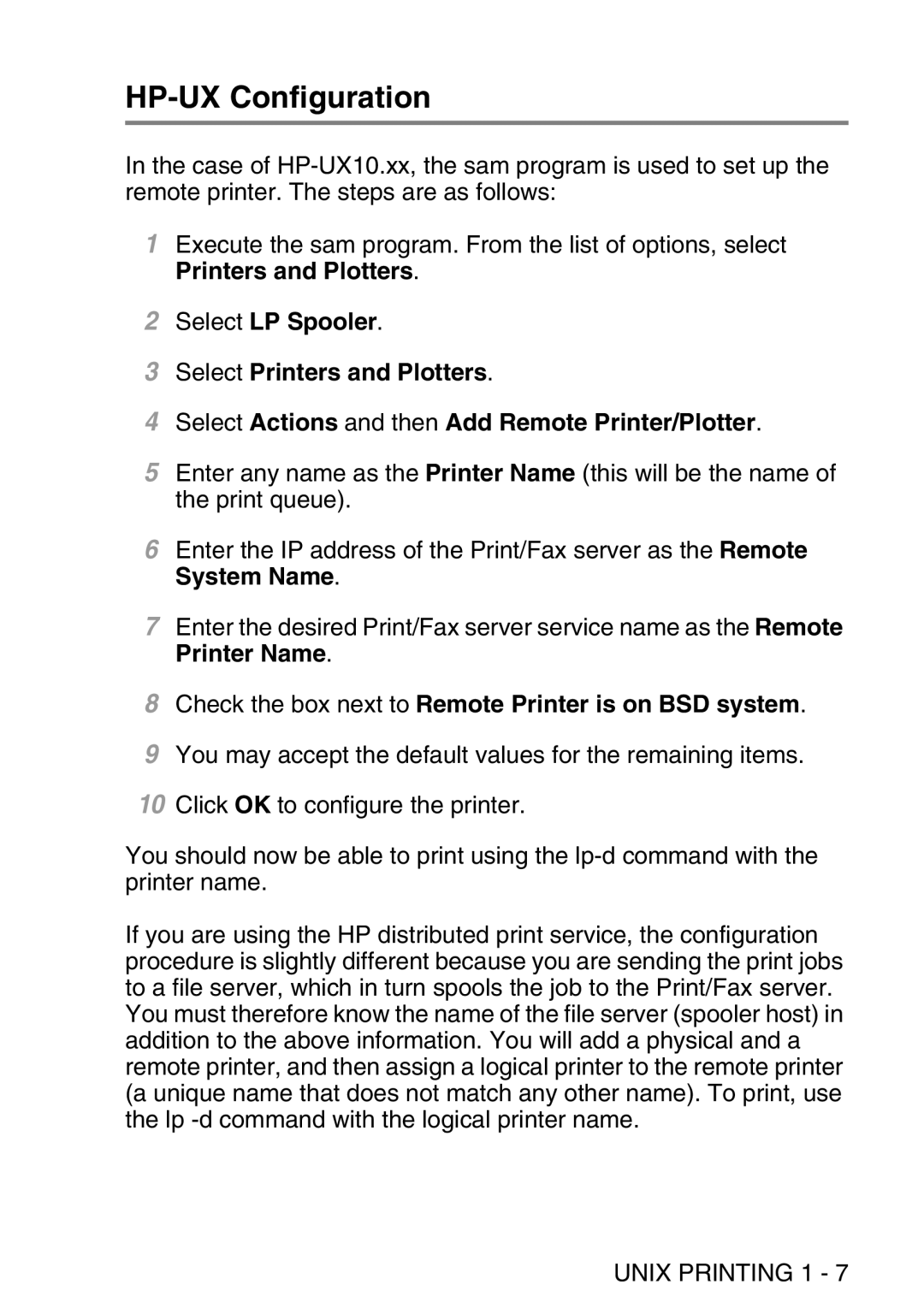 Brother MFC-8840DN manual HP-UX Configuration, Check the box next to Remote Printer is on BSD system 