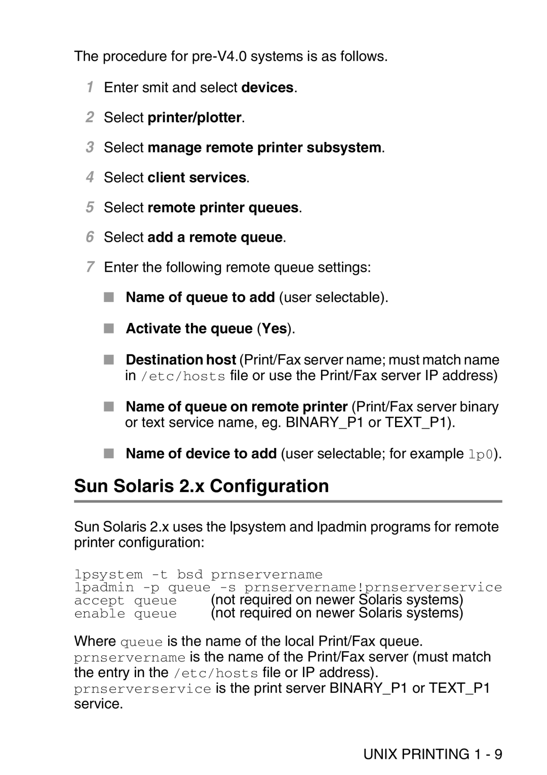 Brother MFC-8840DN manual Sun Solaris 2.x Configuration, Name of queue to add user selectable Activate the queue Yes 