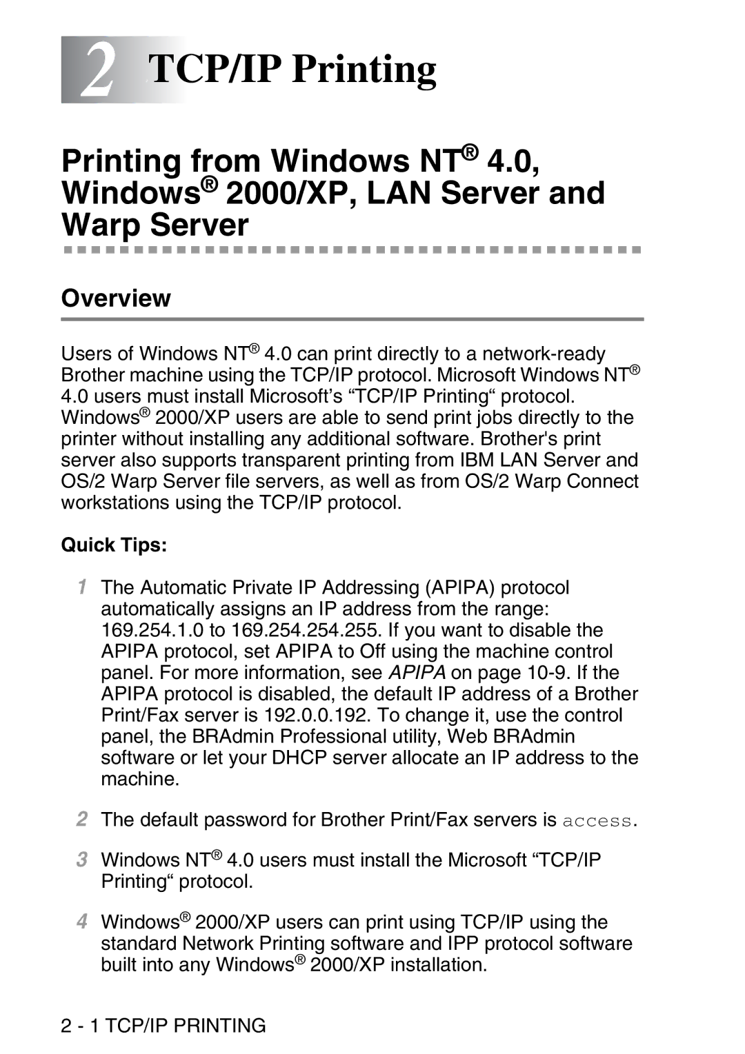 Brother MFC-8840DN manual 2TCP/IP Printing 