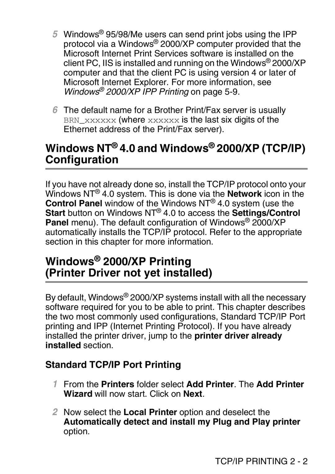 Brother MFC-8840DN manual Windows NT 4.0 and Windows 2000/XP TCP/IP Configuration, Standard TCP/IP Port Printing 