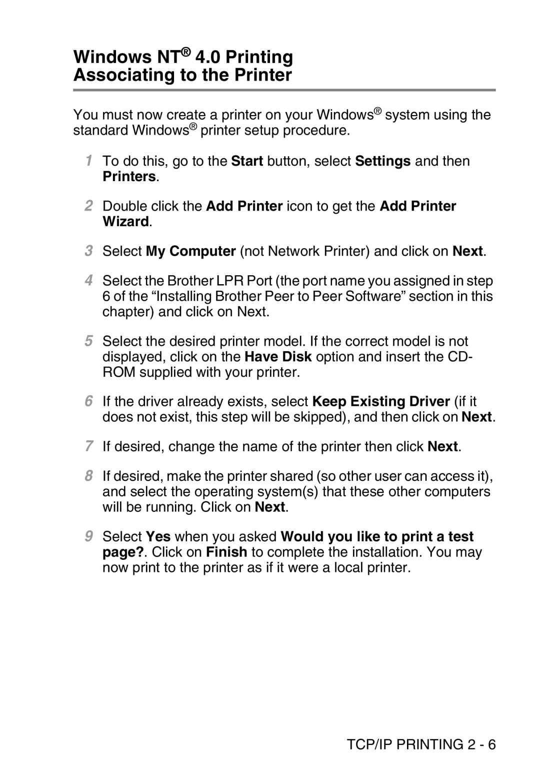 Brother MFC-8840DN manual Windows NT 4.0 Printing Associating to the Printer 