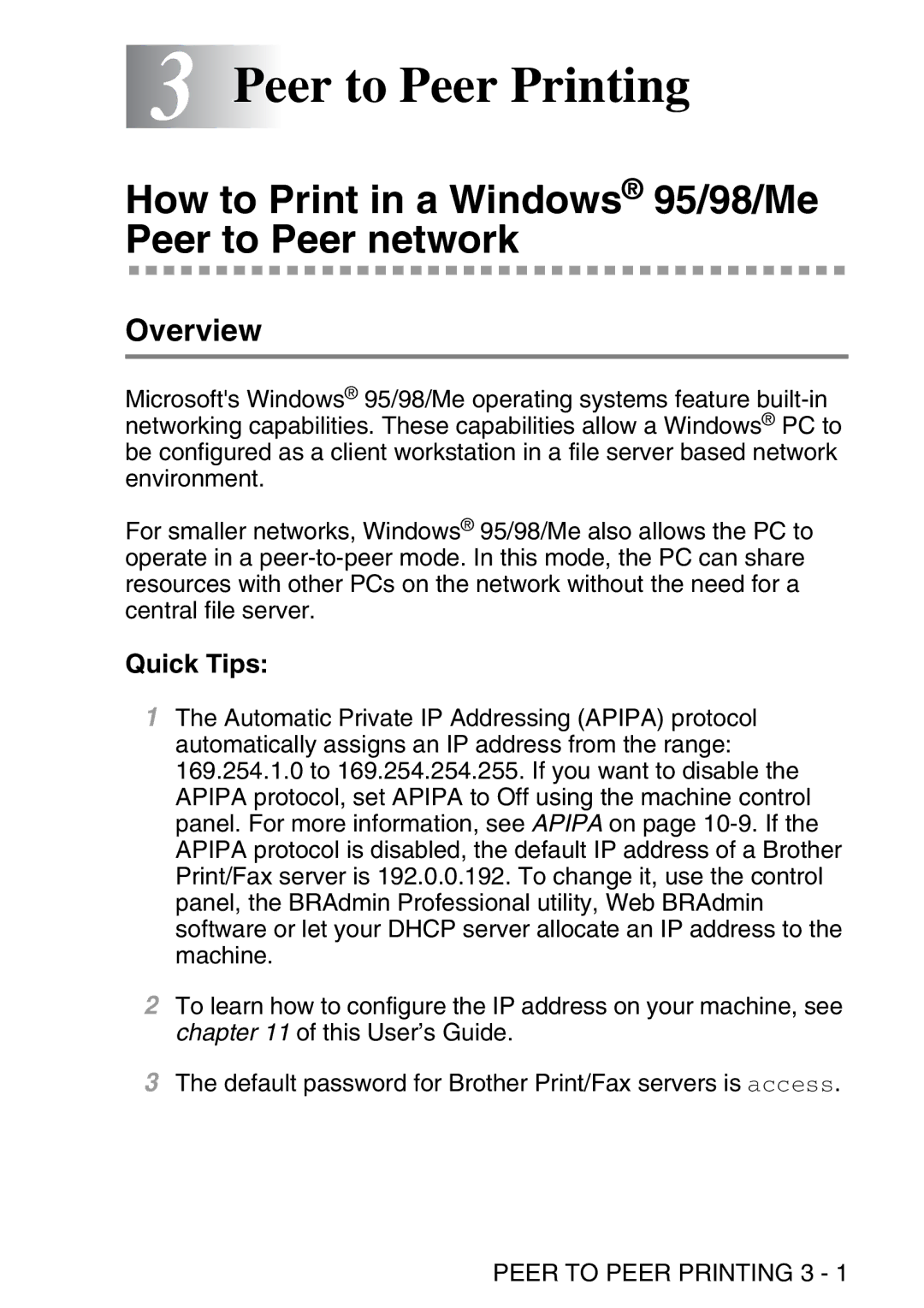 Brother MFC-8840DN manual 3Peer to Peer Printing, How to Print in a Windows 95/98/Me Peer to Peer network, Quick Tips 