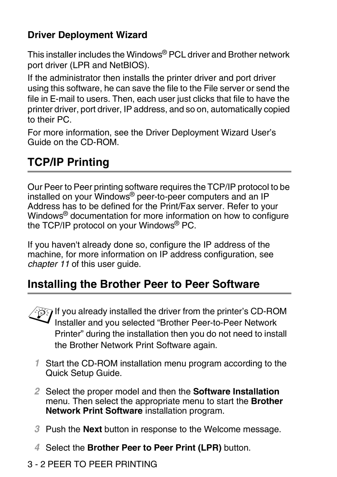 Brother MFC-8840DN manual TCP/IP Printing, Driver Deployment Wizard, Peer to Peer Printing 