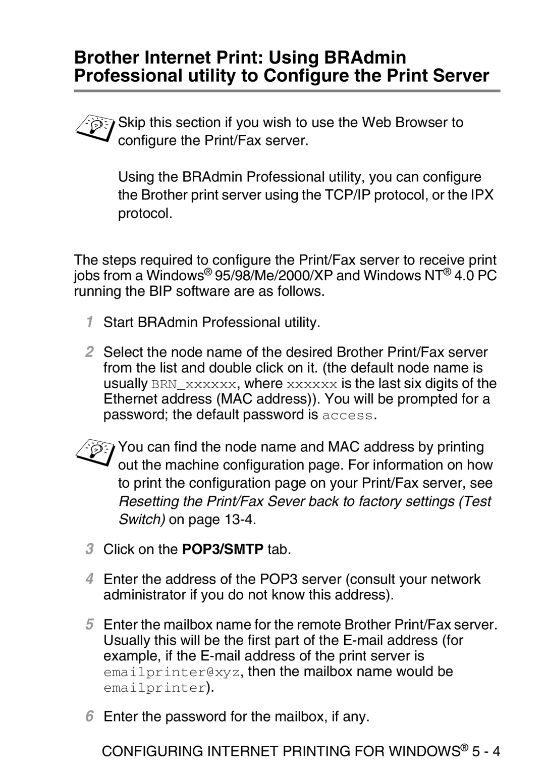 Brother MFC-8840DN manual Resetting the Print/Fax Sever back to factory settings Test 