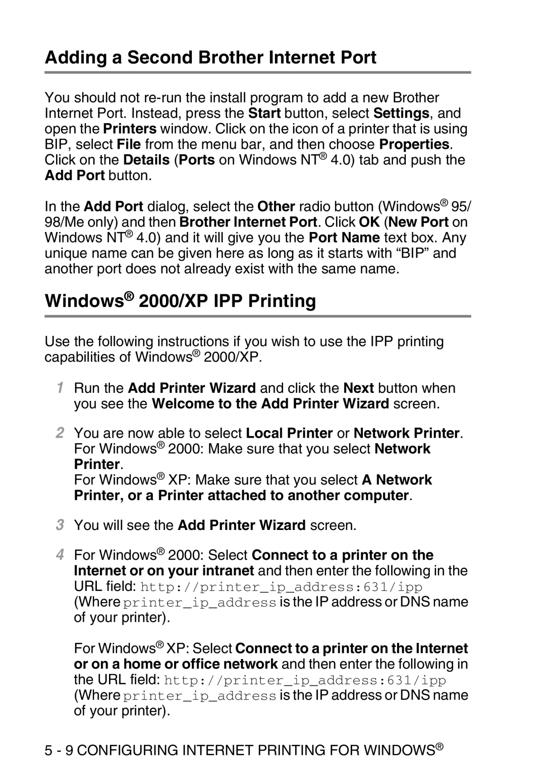 Brother MFC-8840DN manual Adding a Second Brother Internet Port, Windows 2000/XP IPP Printing, Printer 