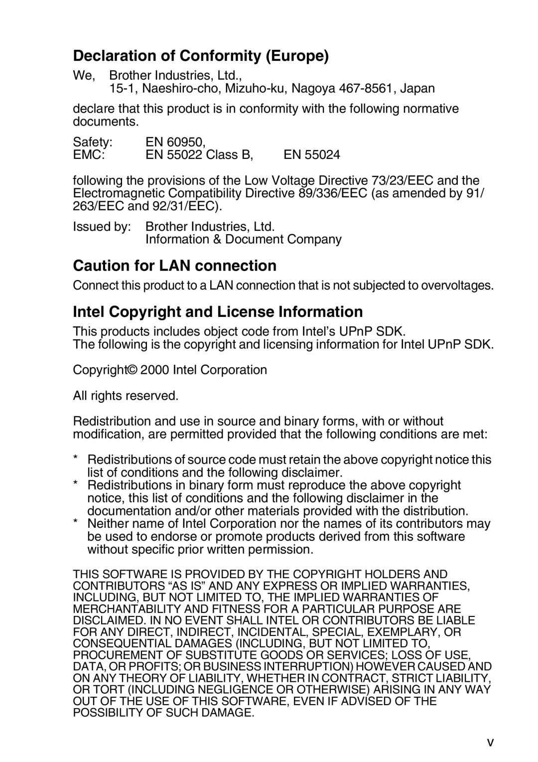 Brother MFC-8840DN manual Declaration of Conformity Europe, Intel Copyright and License Information 