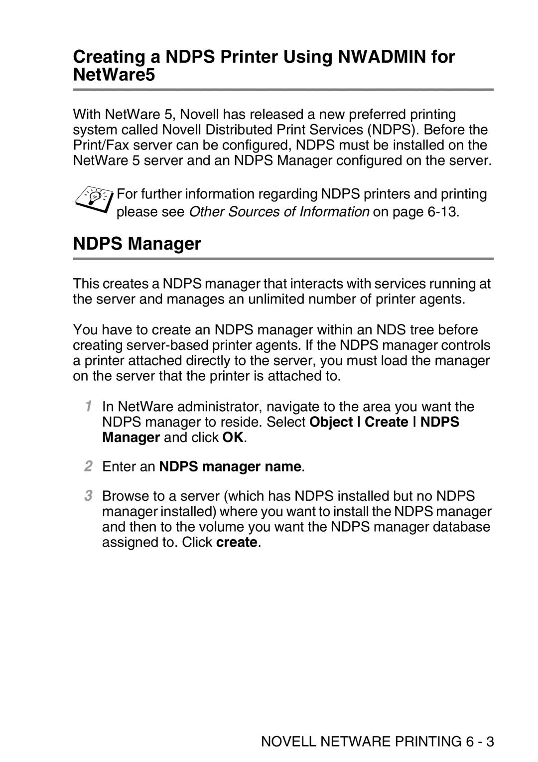 Brother MFC-8840DN manual Creating a Ndps Printer Using Nwadmin for NetWare5, Ndps Manager, Enter an Ndps manager name 