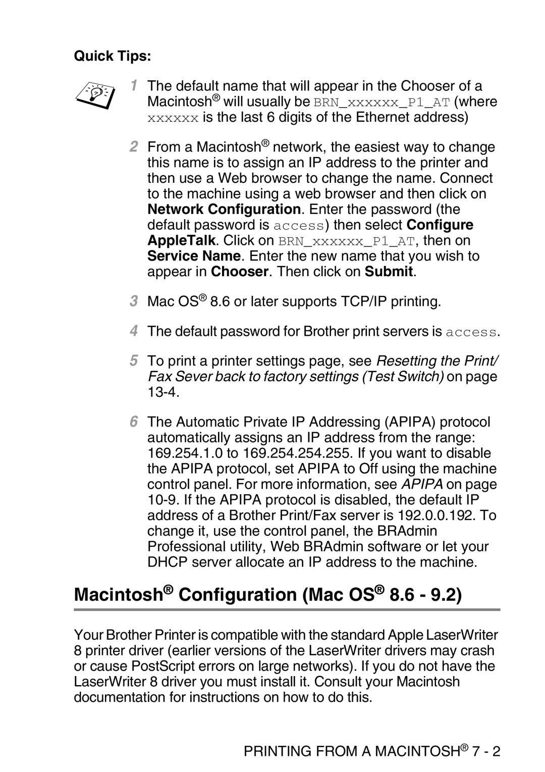 Brother MFC-8840DN manual Macintosh Configuration Mac OS 8.6, Printing from a Macintosh 7 