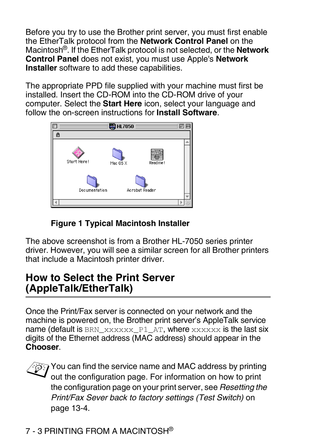 Brother MFC-8840DN manual How to Select the Print Server AppleTalk/EtherTalk, Typical Macintosh Installer 