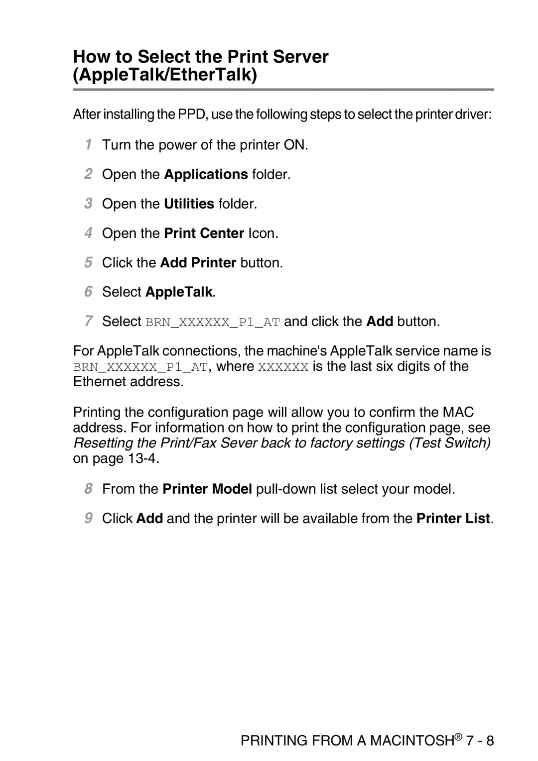 Brother MFC-8840DN manual How to Select the Print Server AppleTalk/EtherTalk, Select AppleTalk 