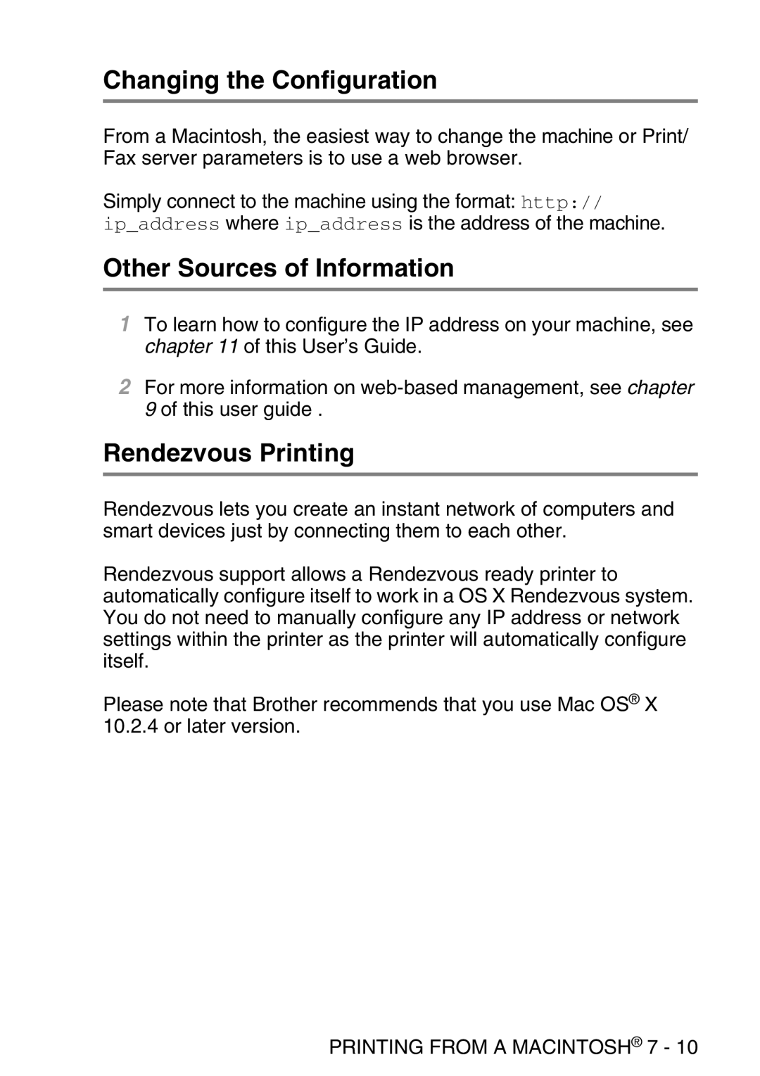 Brother MFC-8840DN manual Changing the Configuration, Rendezvous Printing 