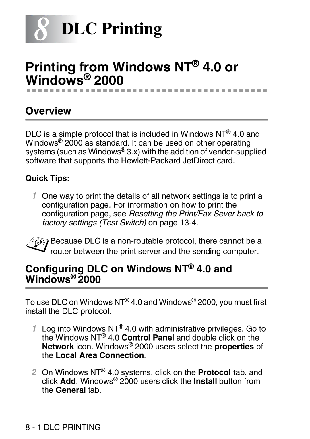 Brother MFC-8840DN 8DLC Printing, Printing from Windows NT 4.0 or Windows, Configuring DLC on Windows NT 4.0 and Windows 