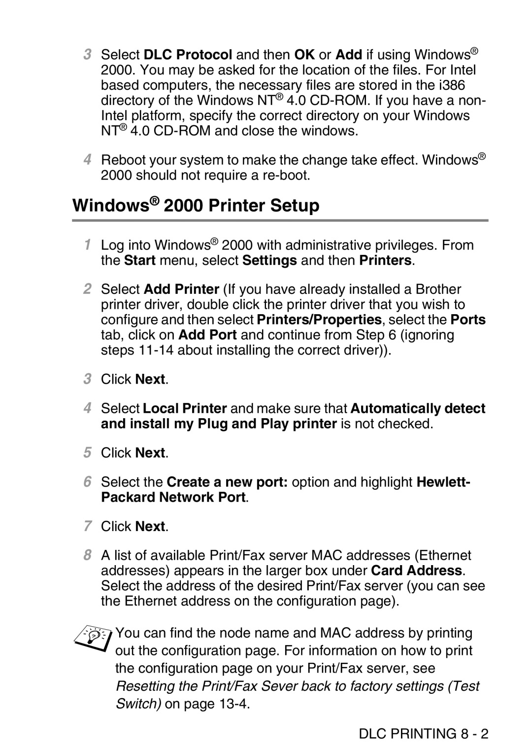 Brother MFC-8840DN manual Windows 2000 Printer Setup, DLC Printing 8 