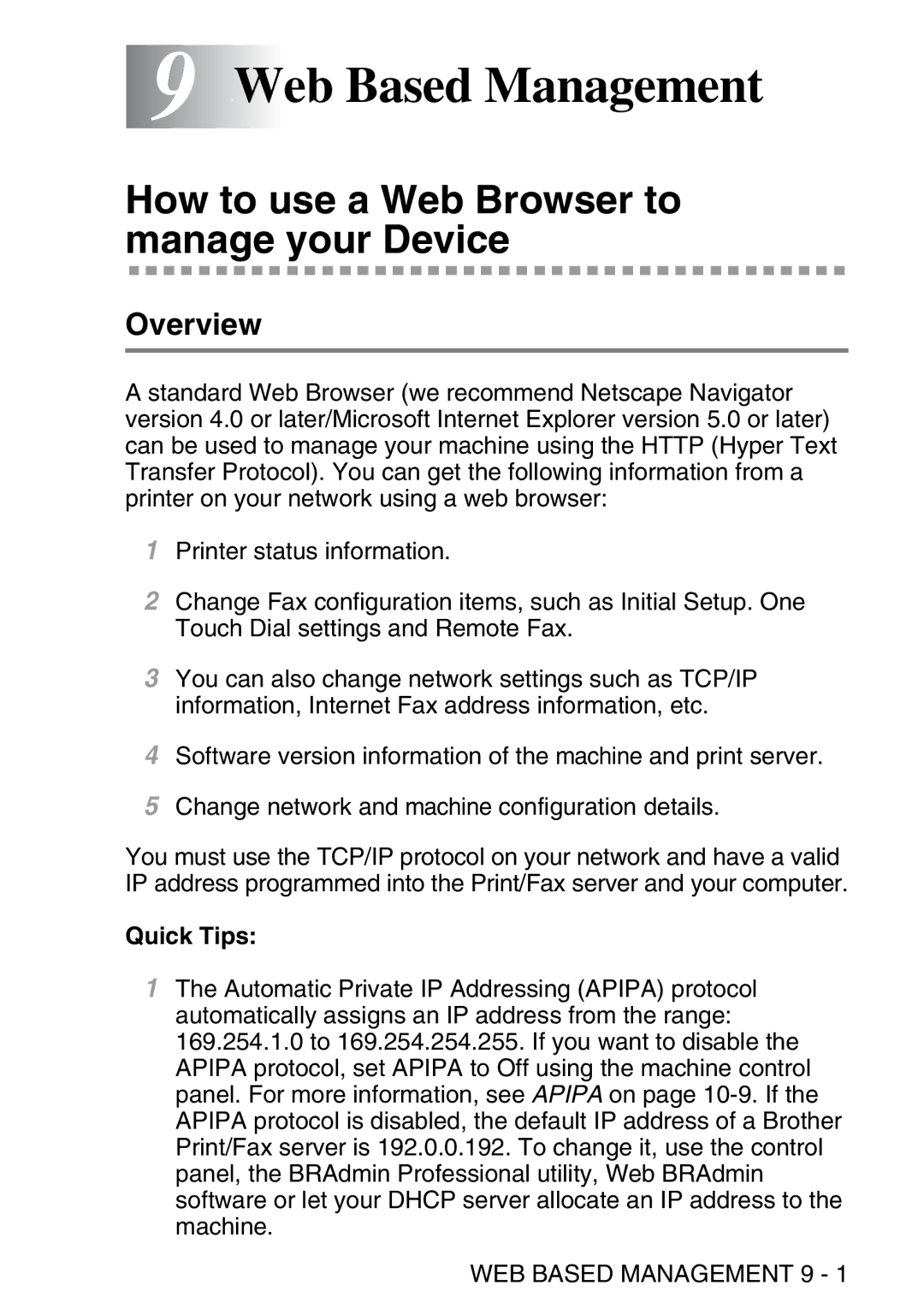 Brother MFC-8840D manual 9Web Based Management, How to use a Web Browser to manage your Device, WEB Based Management 9 