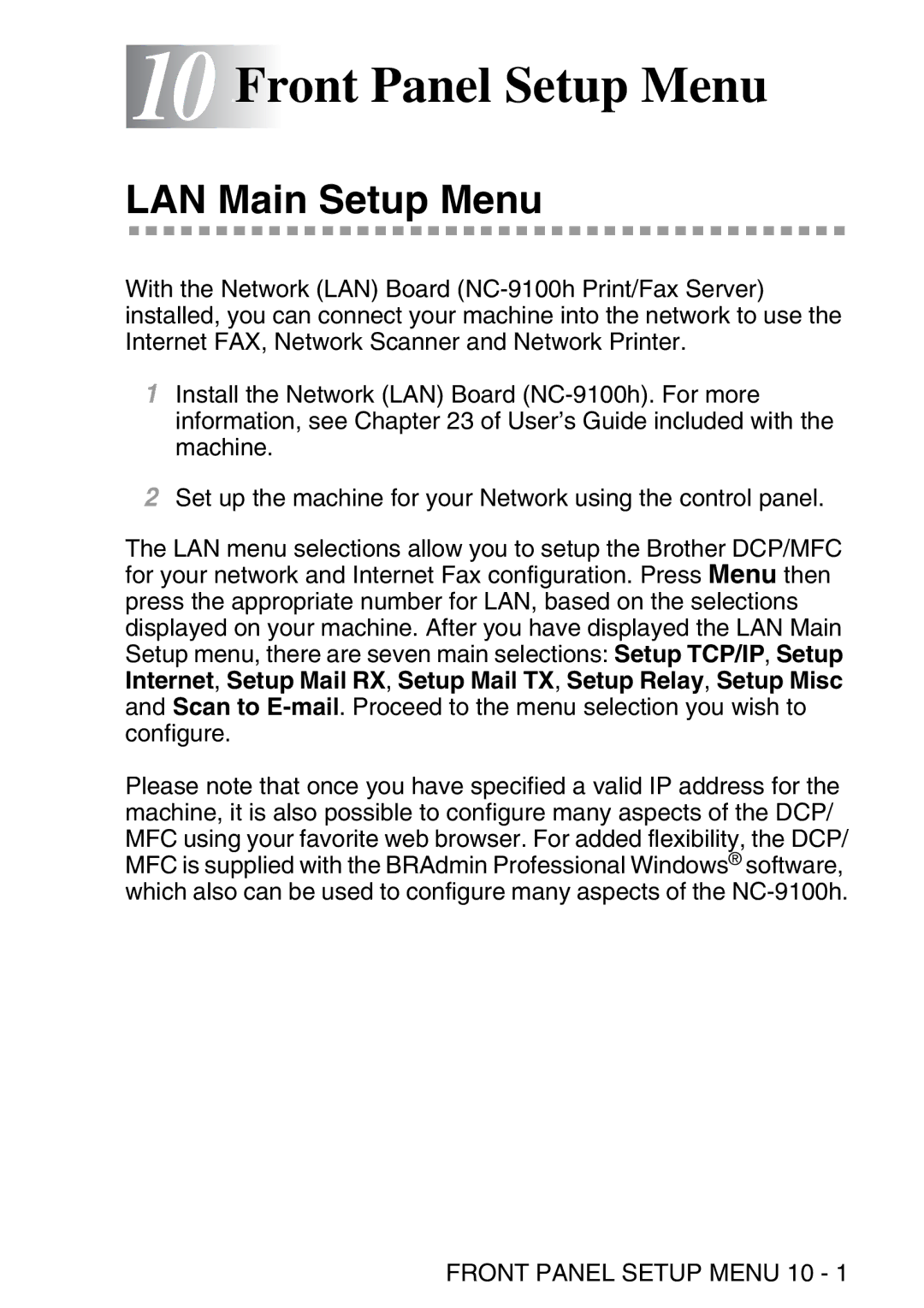 Brother MFC-8840DN manual 10 10Front Panel Setup Menu, LAN Main Setup Menu, Front Panel Setup Menu 10 