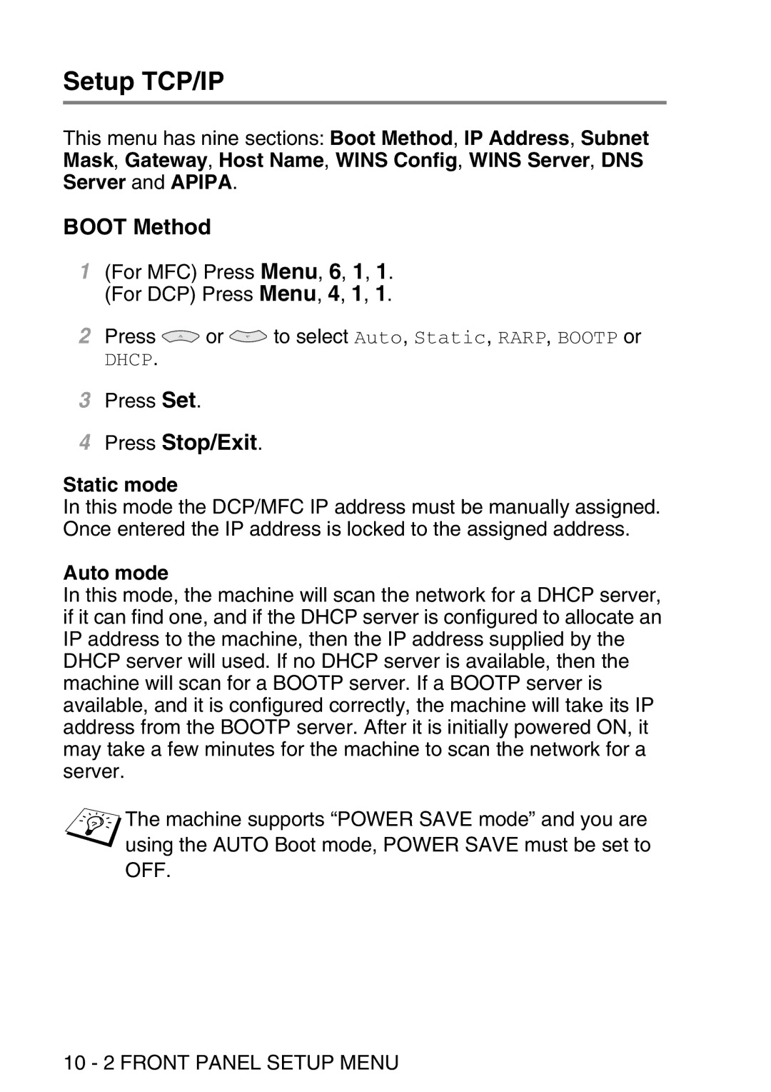 Brother MFC-8840DN manual Setup TCP/IP, Boot Method, Press Stop/Exit, Static mode, Auto mode 