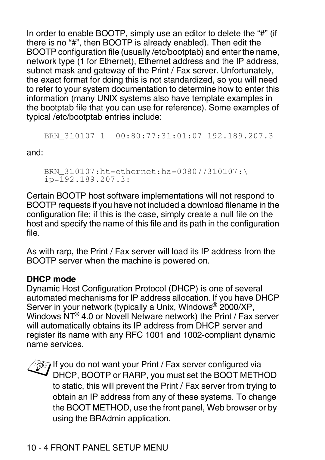 Brother MFC-8840DN manual Dhcp mode, 10 4 Front Panel Setup Menu 