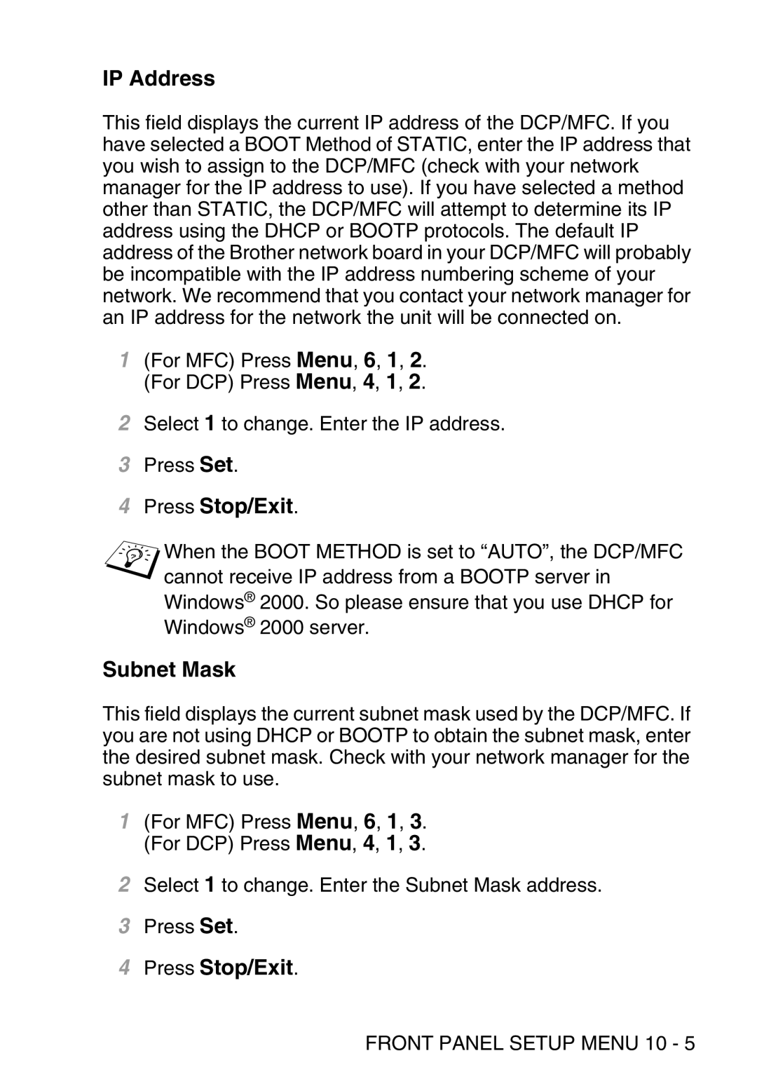 Brother MFC-8840DN manual IP Address, Subnet Mask 