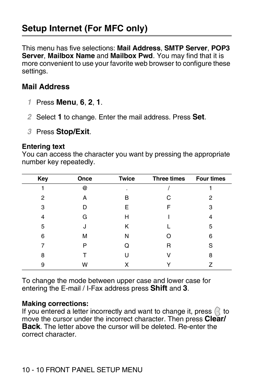 Brother MFC-8840DN manual Setup Internet For MFC only, Mail Address, Entering text, Making corrections 