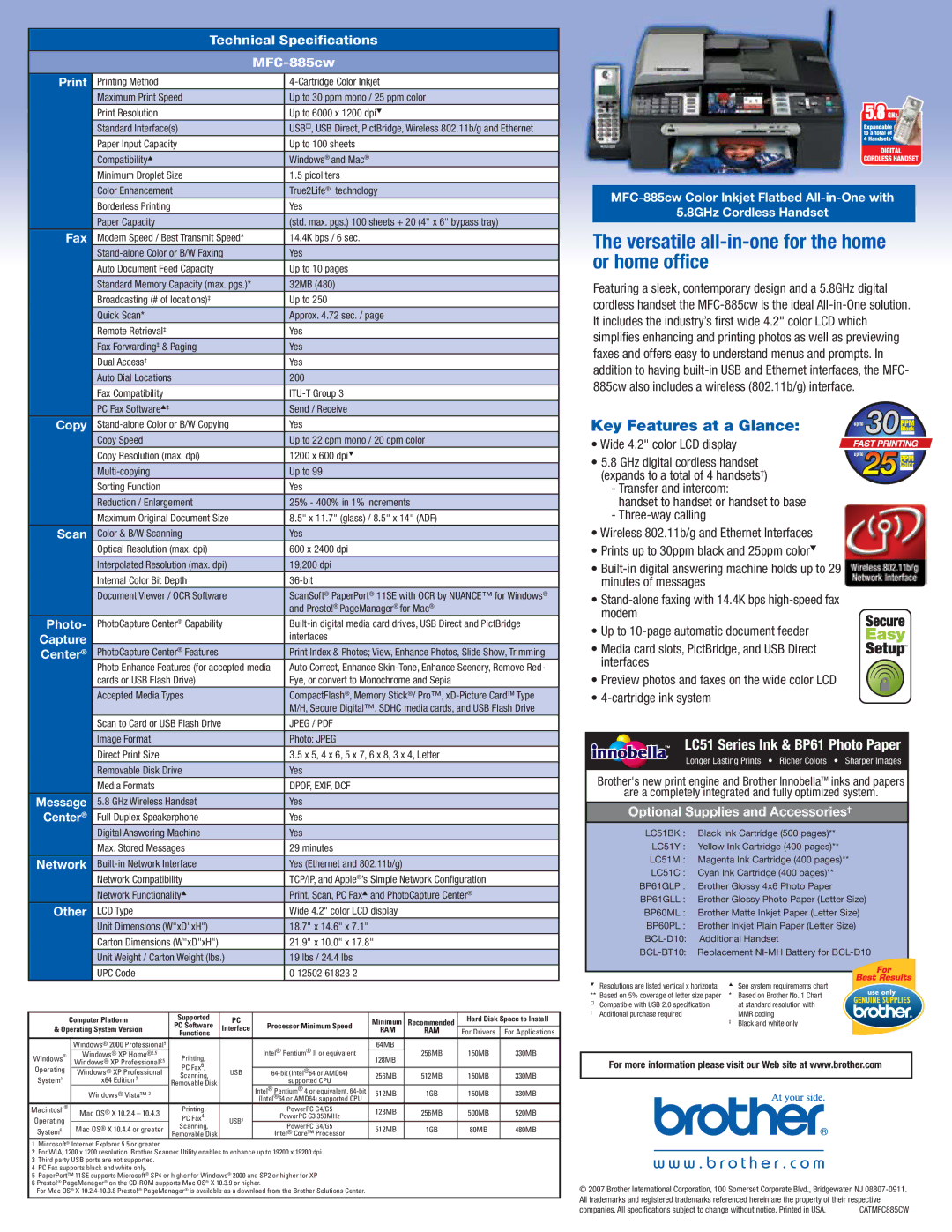 Brother MFC-885CW manual Technical Specifications MFC-885cw Print, Fax, Copy, Scan, Photo, Capture, Center, Network, Other 