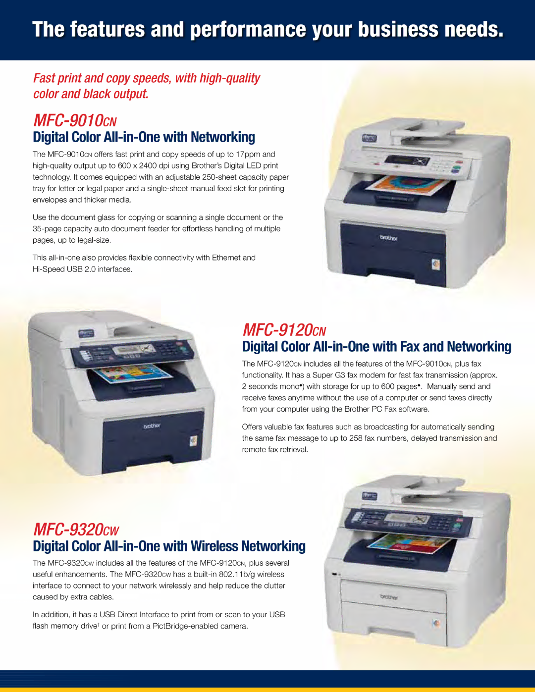 Brother MFC-9000 Series manual Features and performance your business needs, MFC-9010cn, MFC-9120cn, MFC-9320cw 