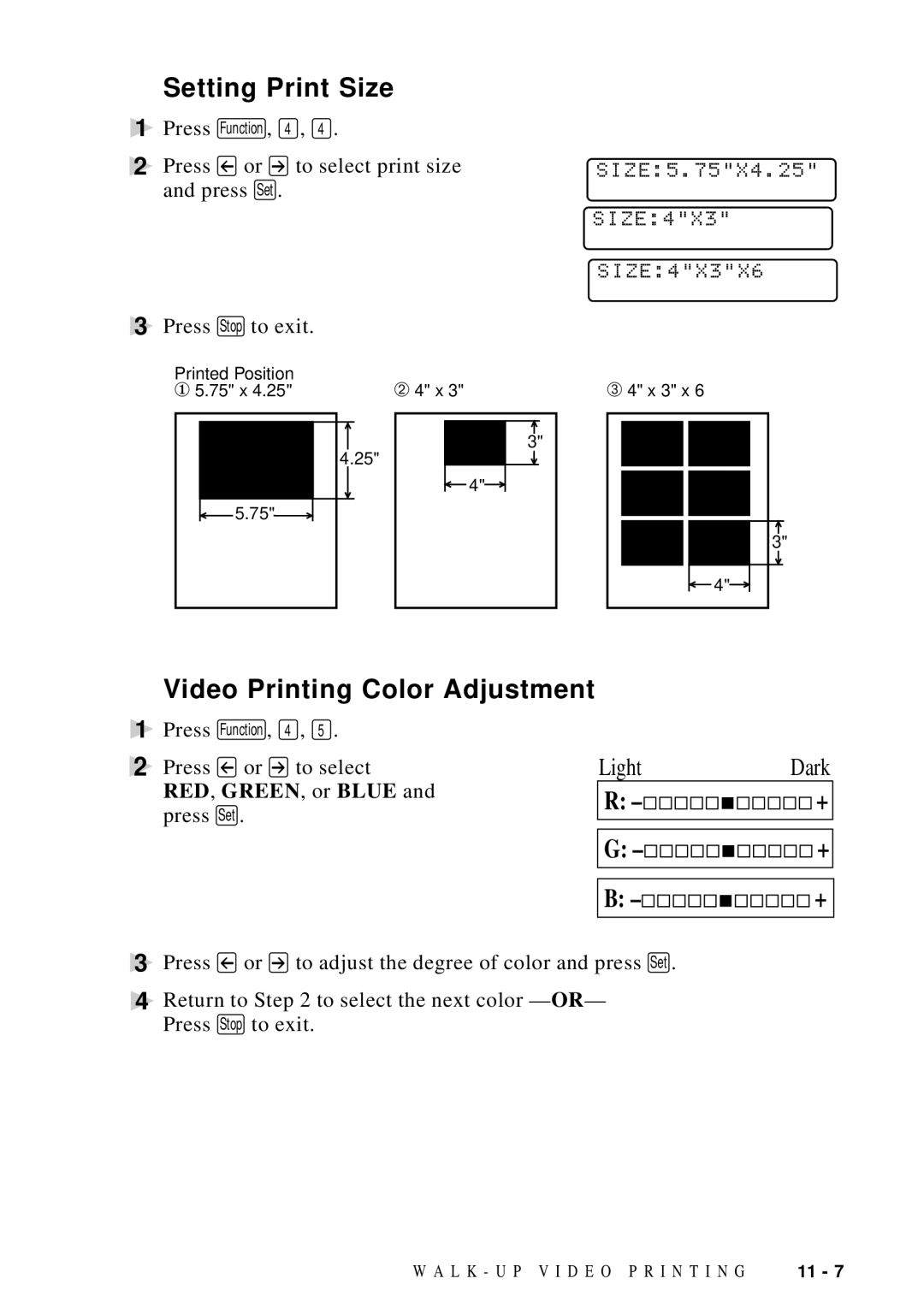 Brother MFC-9100C manual Setting Print Size, Video Printing Color Adjustment, RED , Green , or Blue 