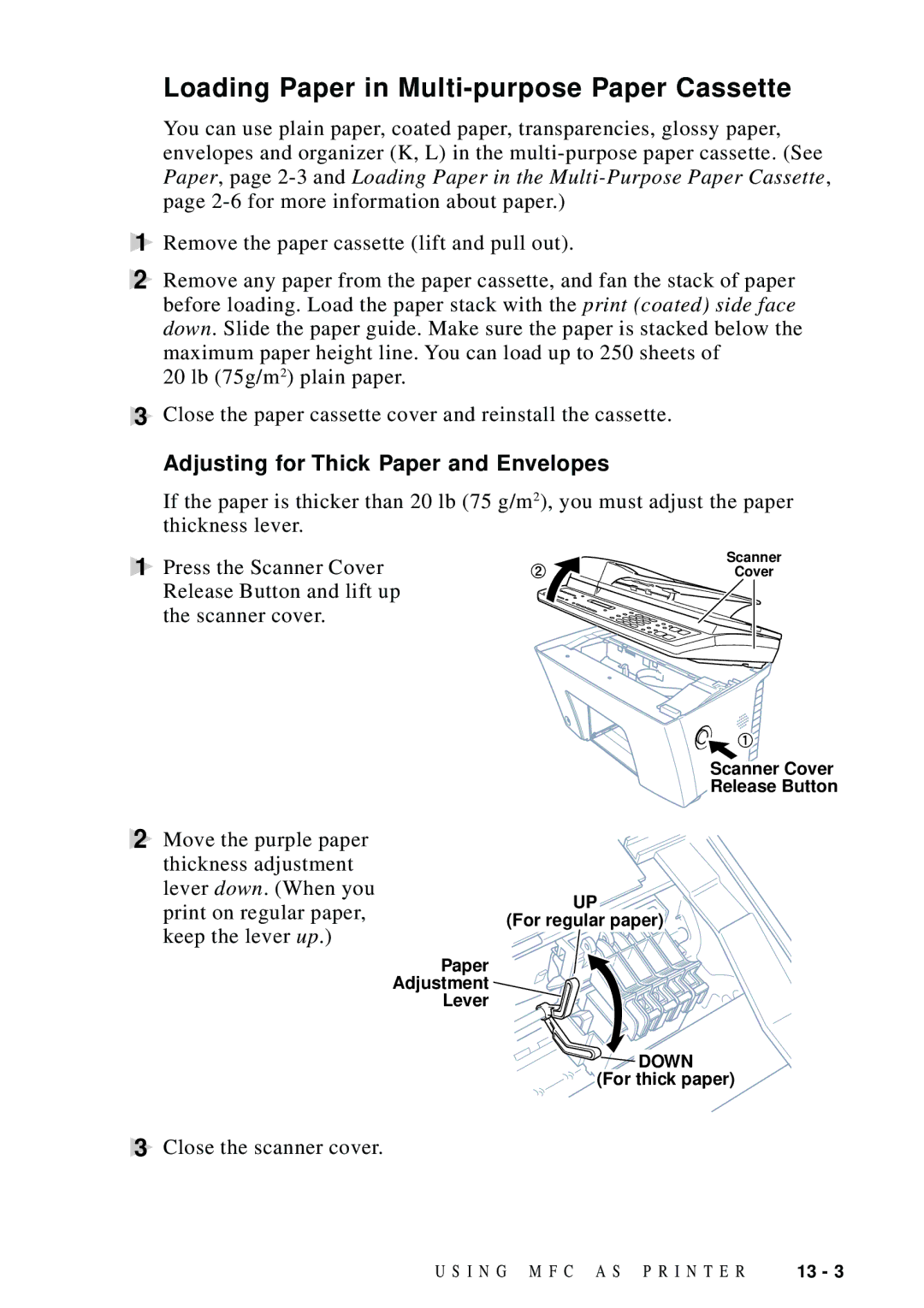 Brother MFC-9100C manual Loading Paper in Multi-purpose Paper Cassette, Adjusting for Thick Paper and Envelopes 