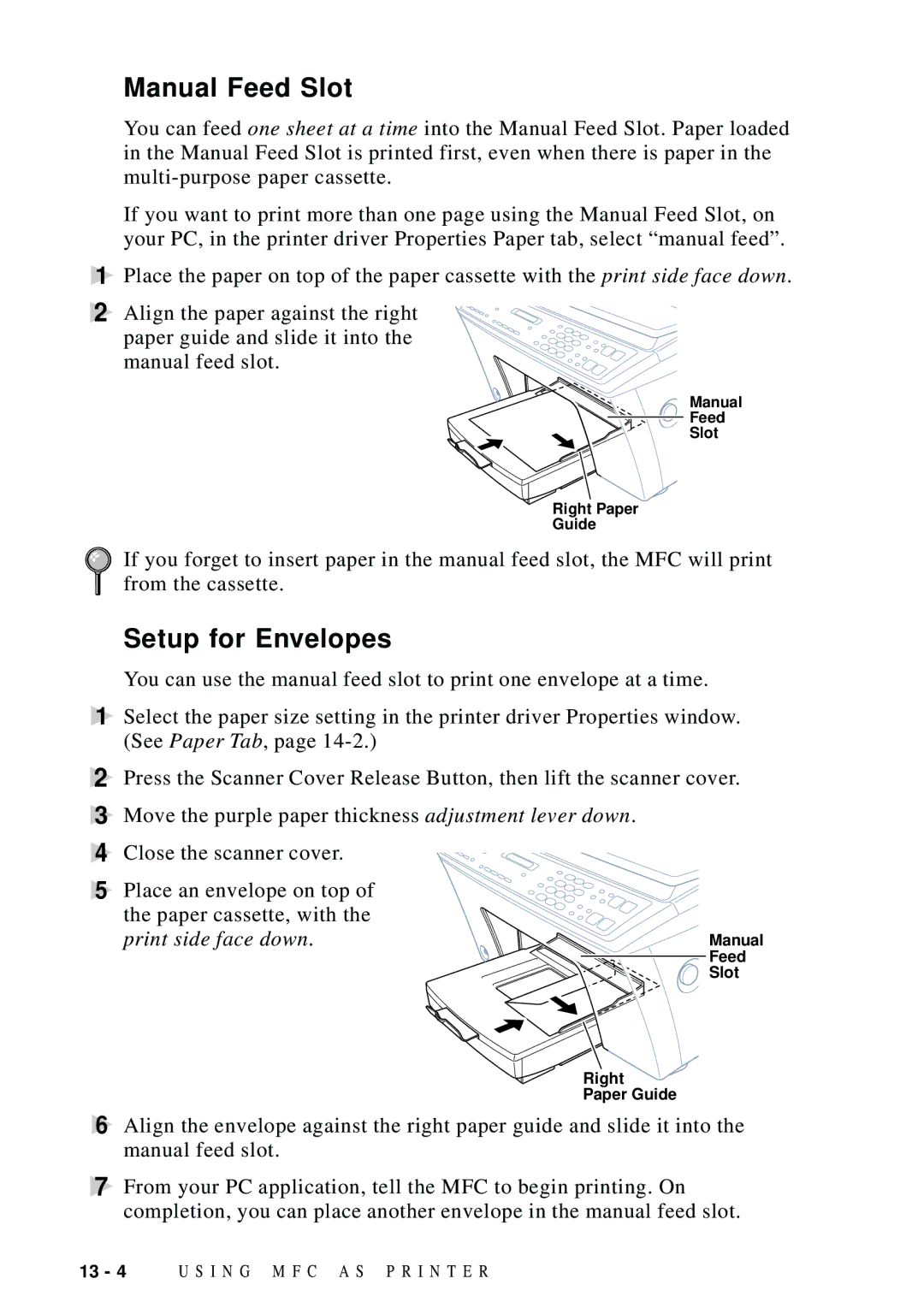 Brother MFC-9100C manual Manual Feed Slot, Setup for Envelopes 