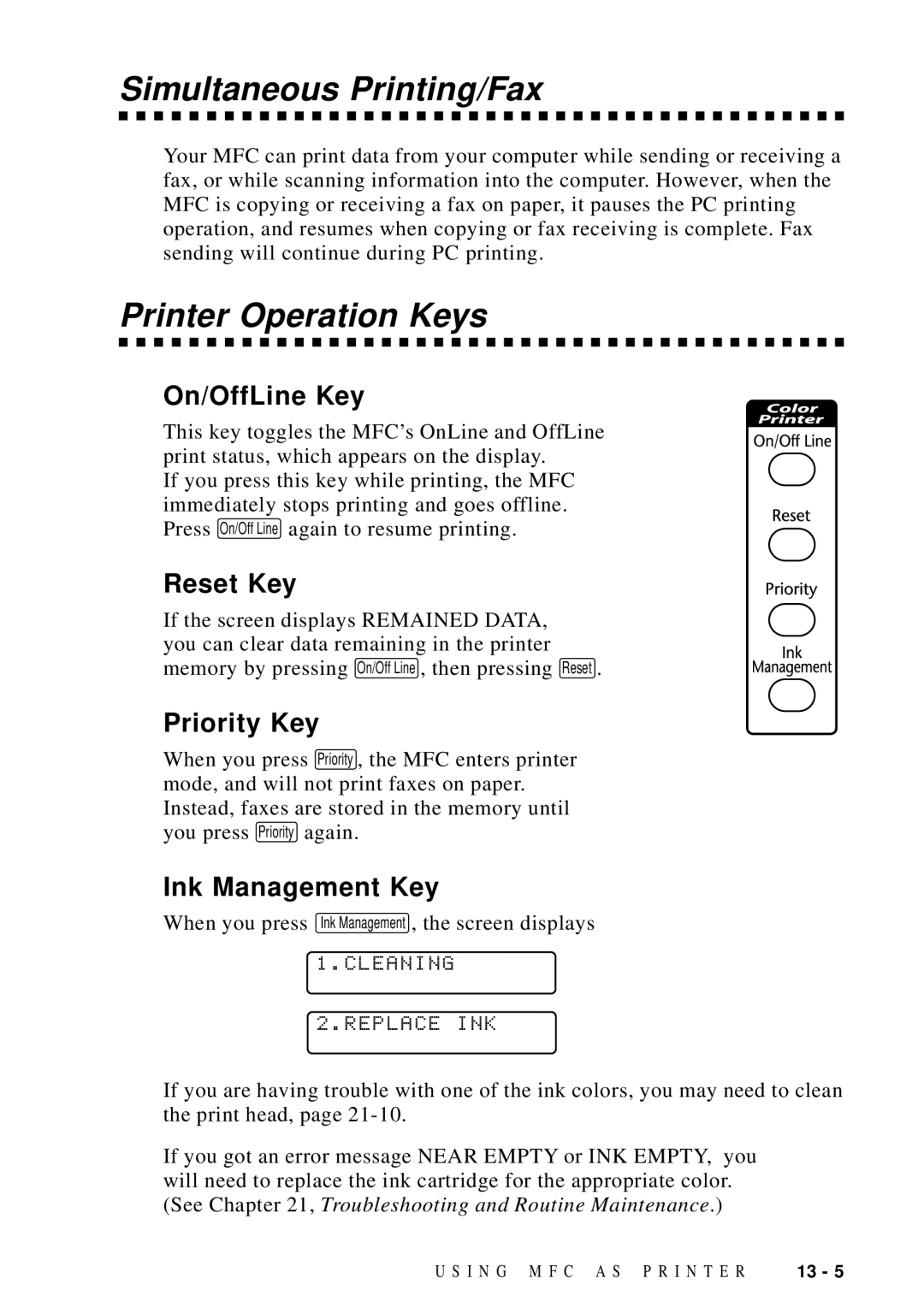 Brother MFC-9100C manual Simultaneous Printing/Fax, Printer Operation Keys 