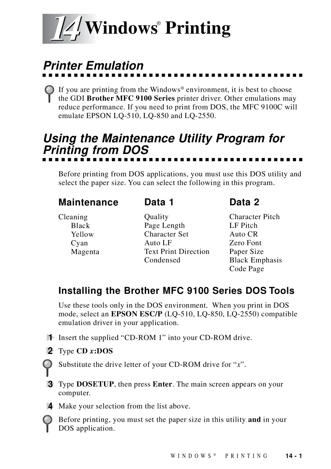 Brother MFC-9100C manual Windows Printing, Printer Emulation, Using the Maintenance Utility Program for Printing from DOS 