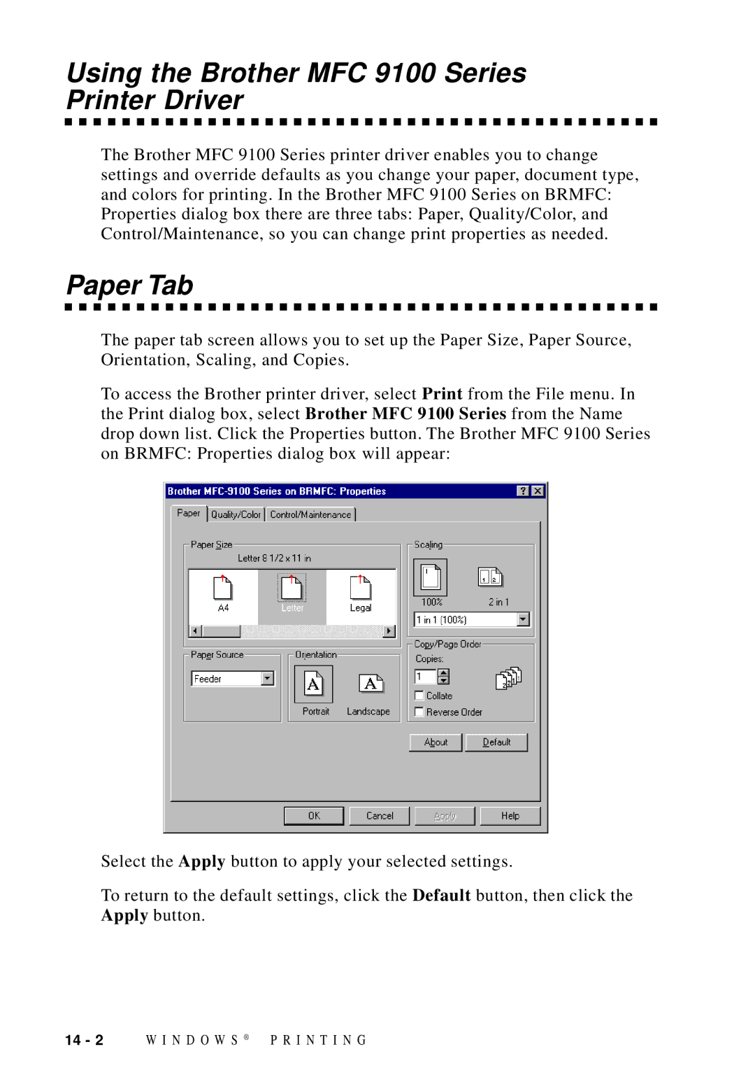 Brother MFC-9100C manual Using the Brother MFC 9100 Series Printer Driver, Paper Tab 