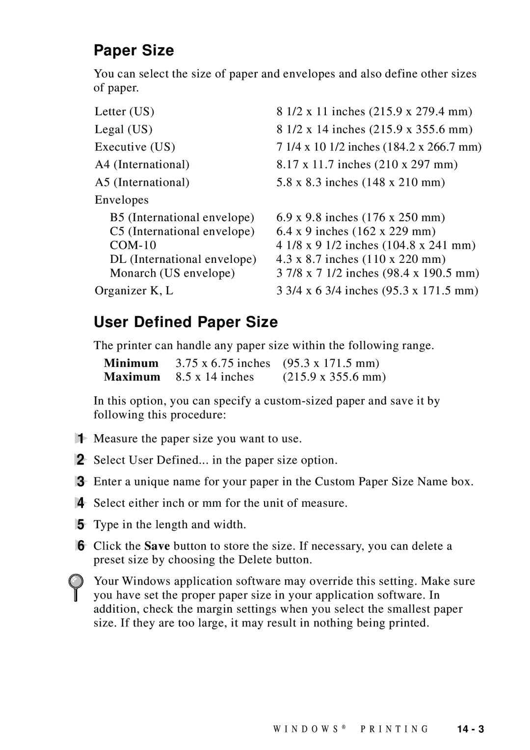 Brother MFC-9100C manual User Defined Paper Size, Minimum, Maximum 