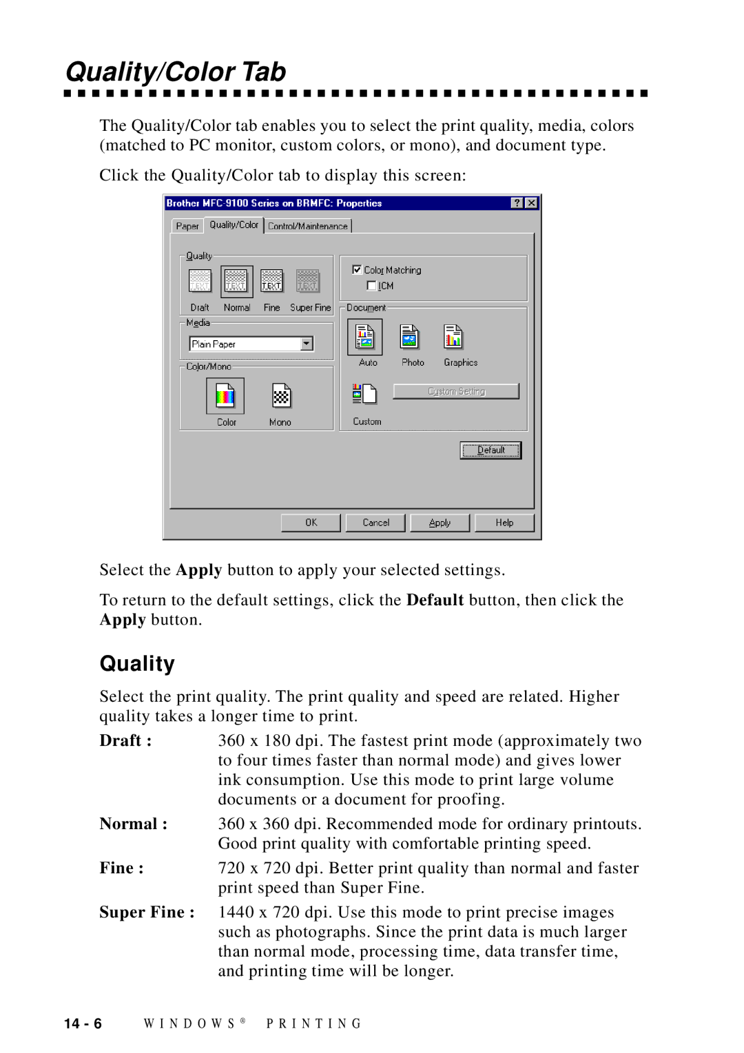 Brother MFC-9100C manual Quality/Color Tab 