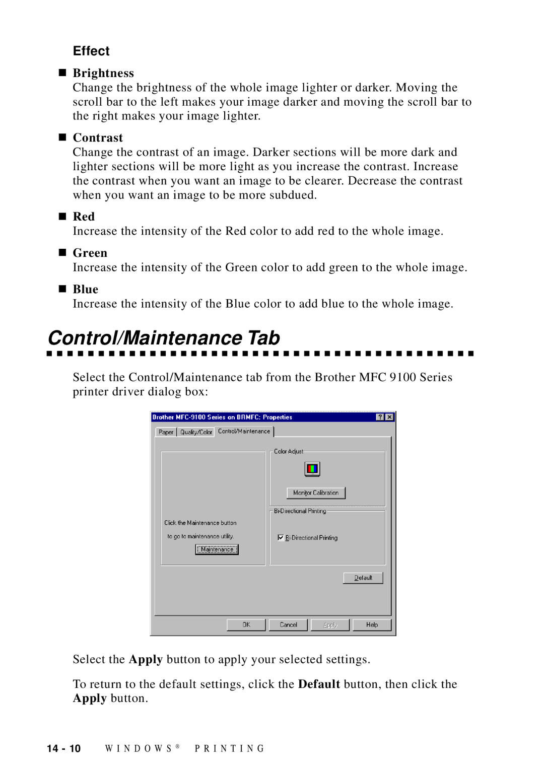 Brother MFC-9100C manual Control/Maintenance Tab, Effect 