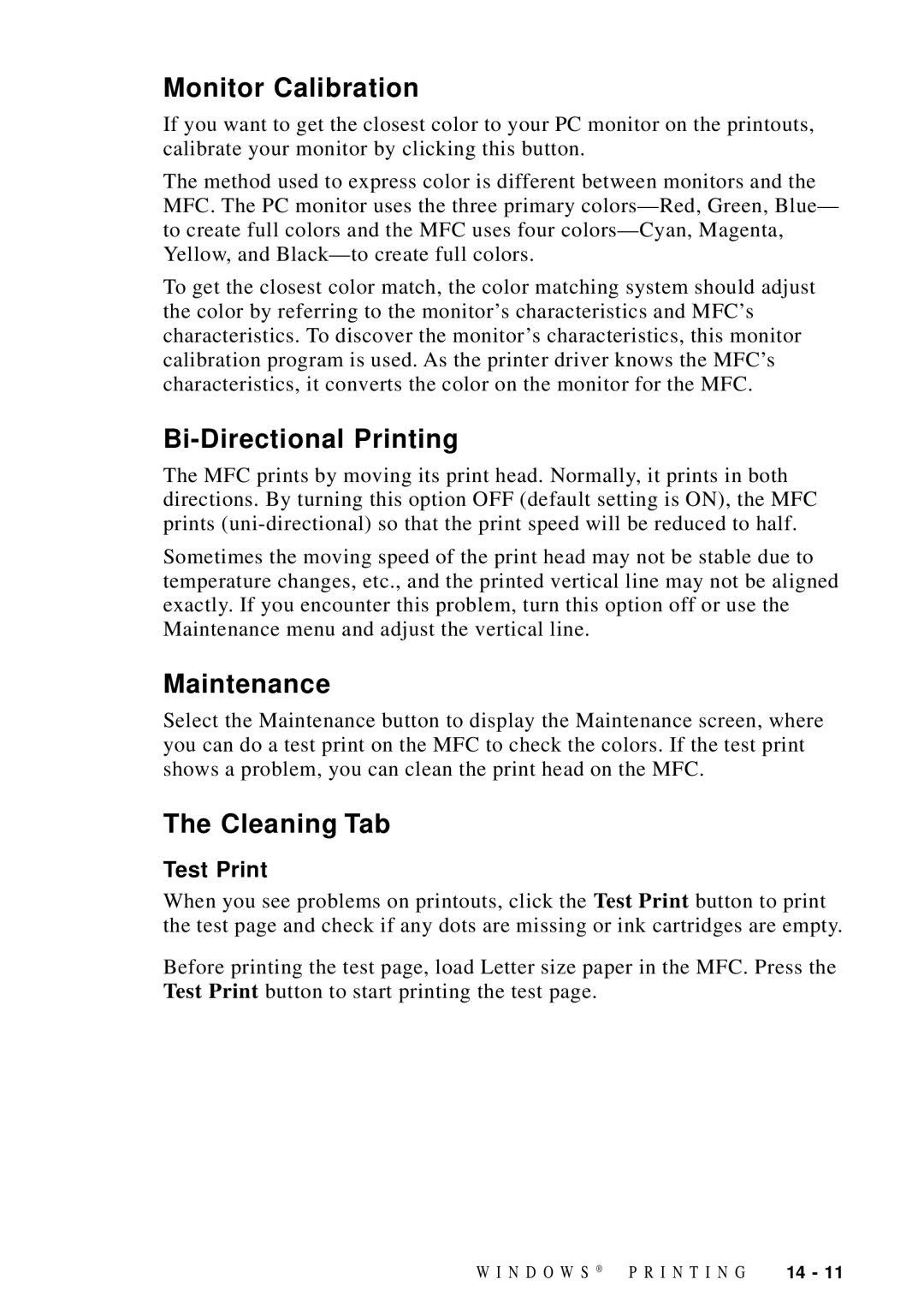 Brother MFC-9100C manual Monitor Calibration, Bi-Directional Printing, Maintenance, Cleaning Tab, Test Print 