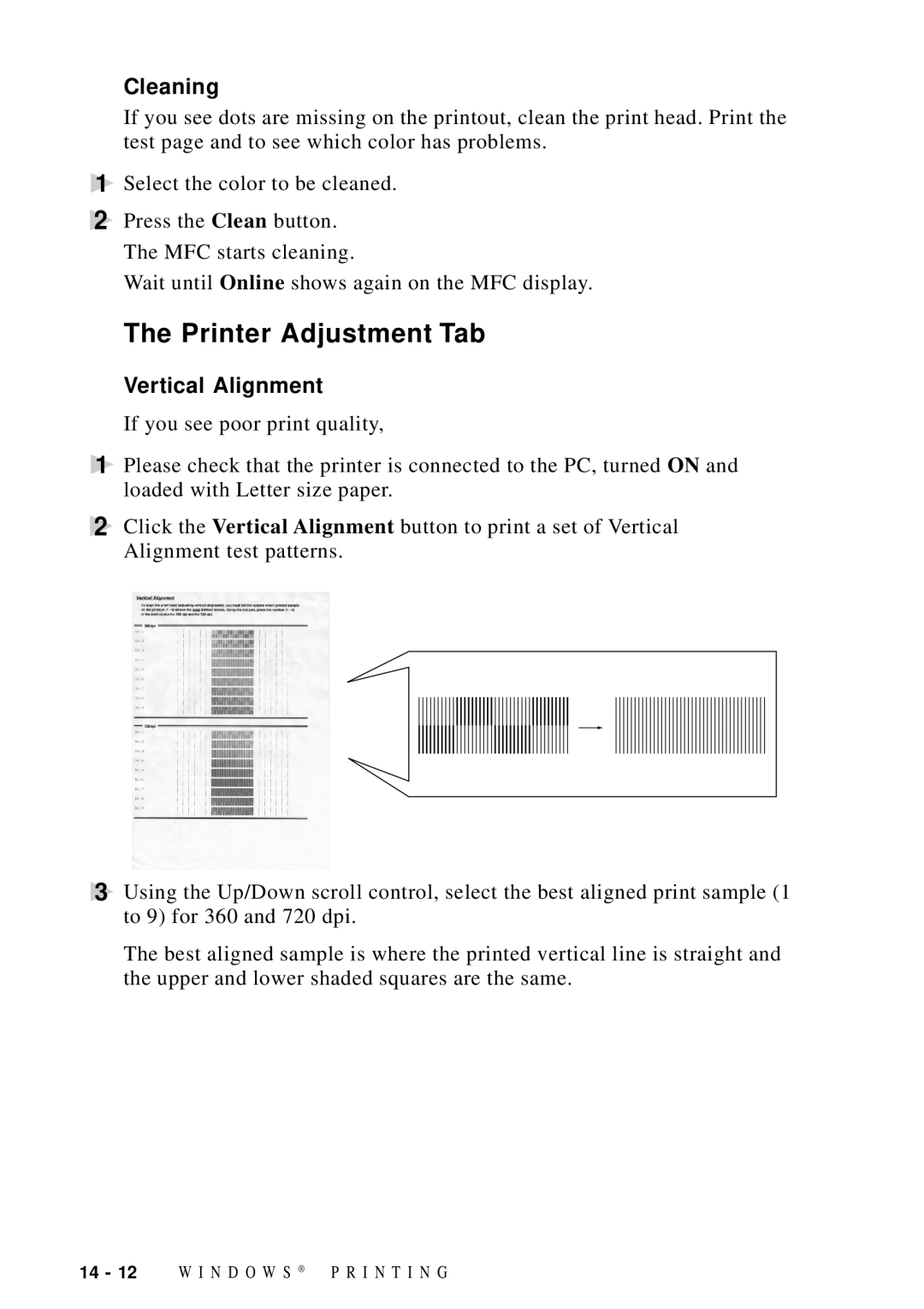 Brother MFC-9100C manual Printer Adjustment Tab, Cleaning, Vertical Alignment 